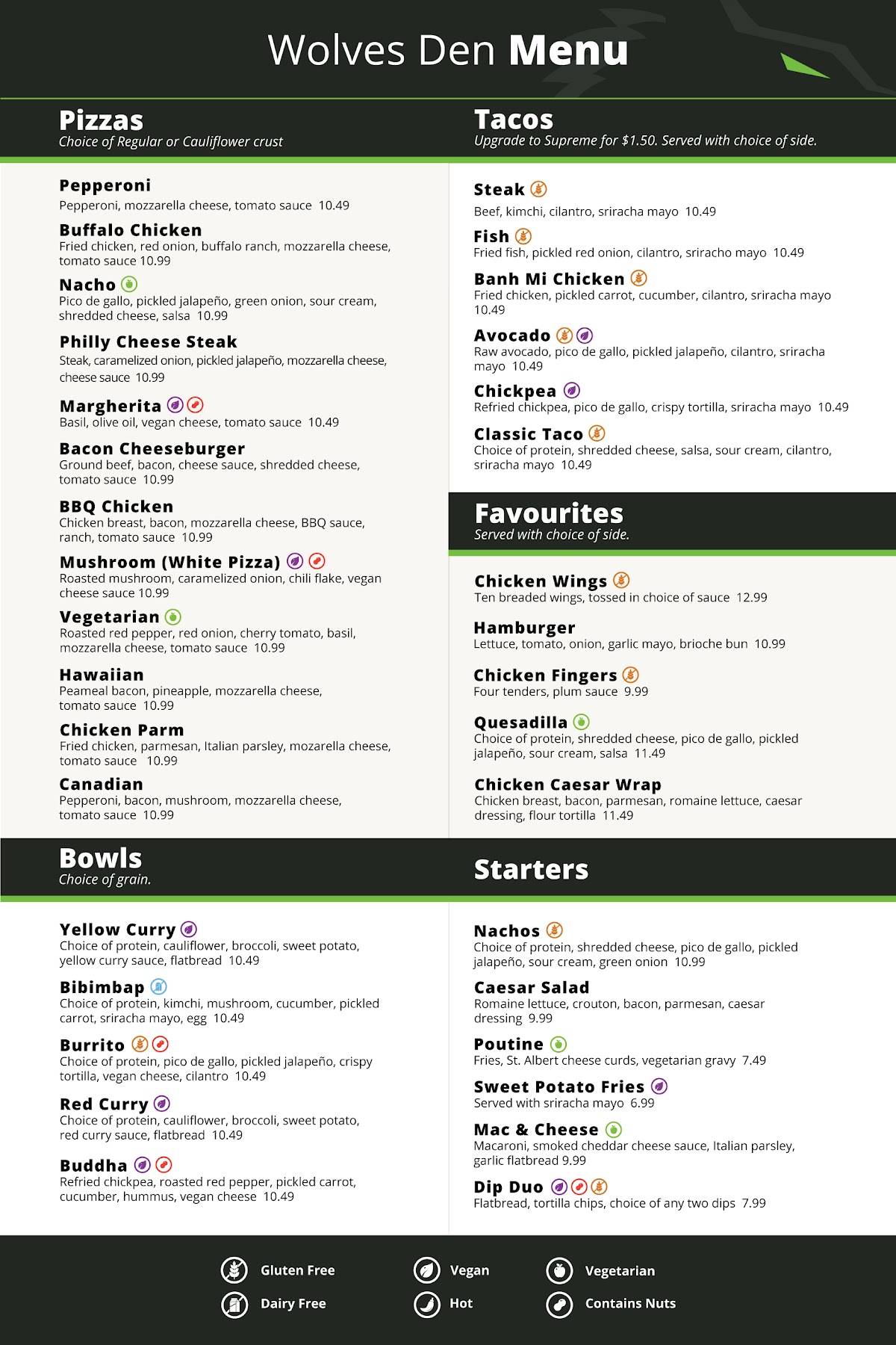 Wolves Den Restaurant меню
