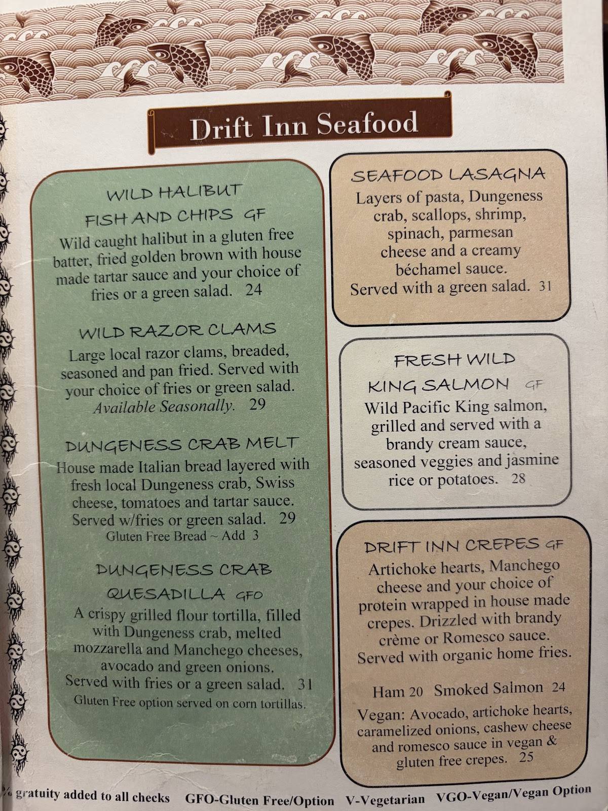 The Drift Inn Hotel and Restaurant меню