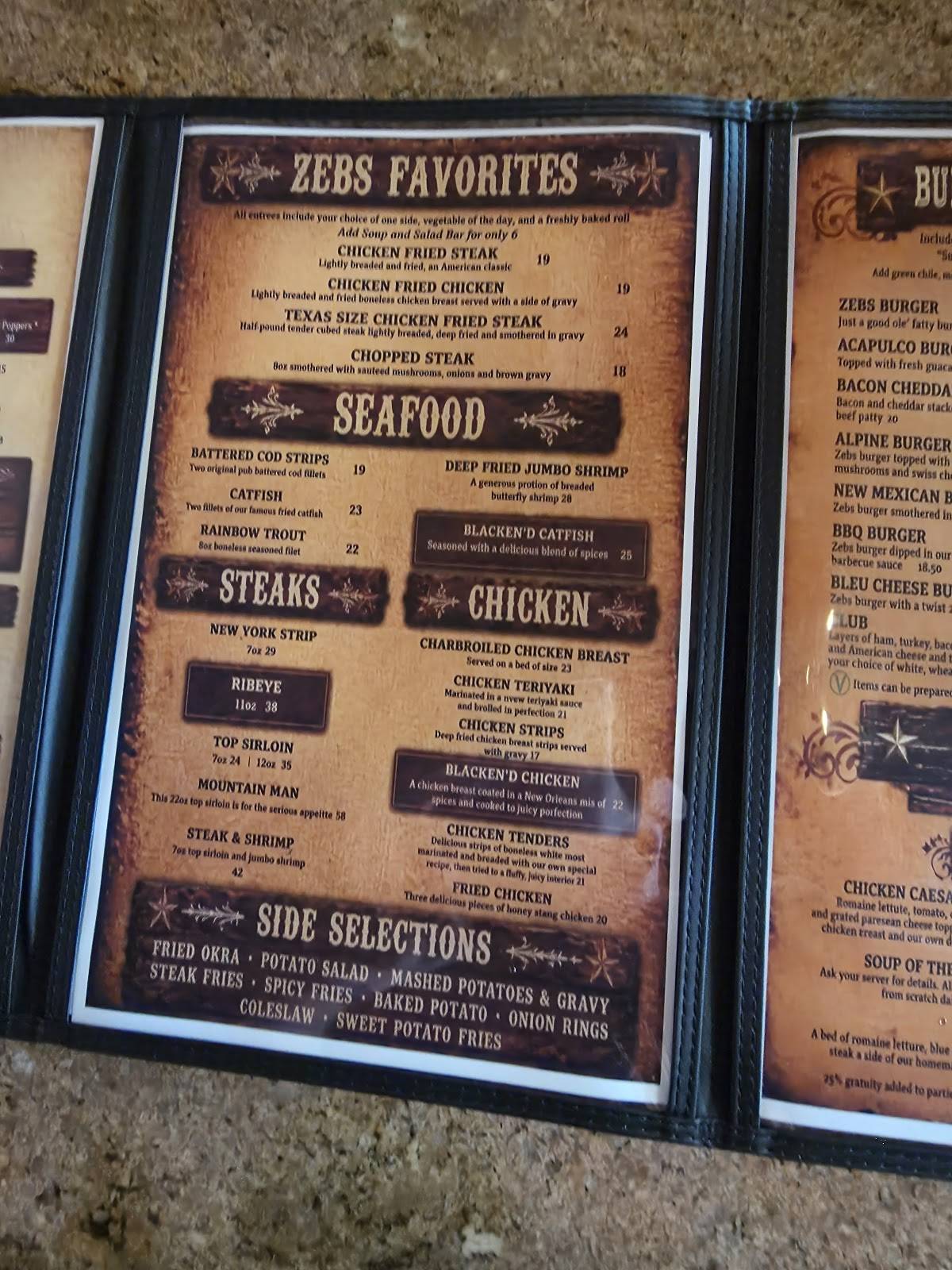 Zebs Restaurant & Bar меню