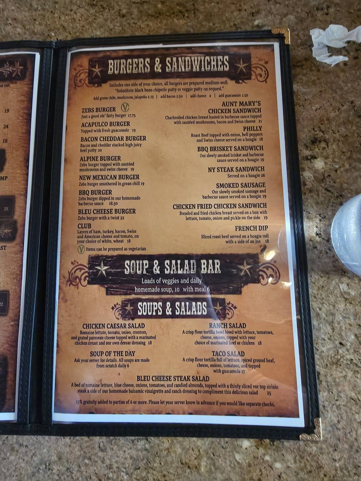 Zebs Restaurant & Bar меню