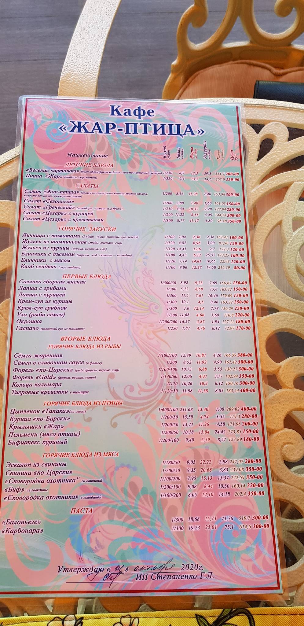Жар-Птица меню