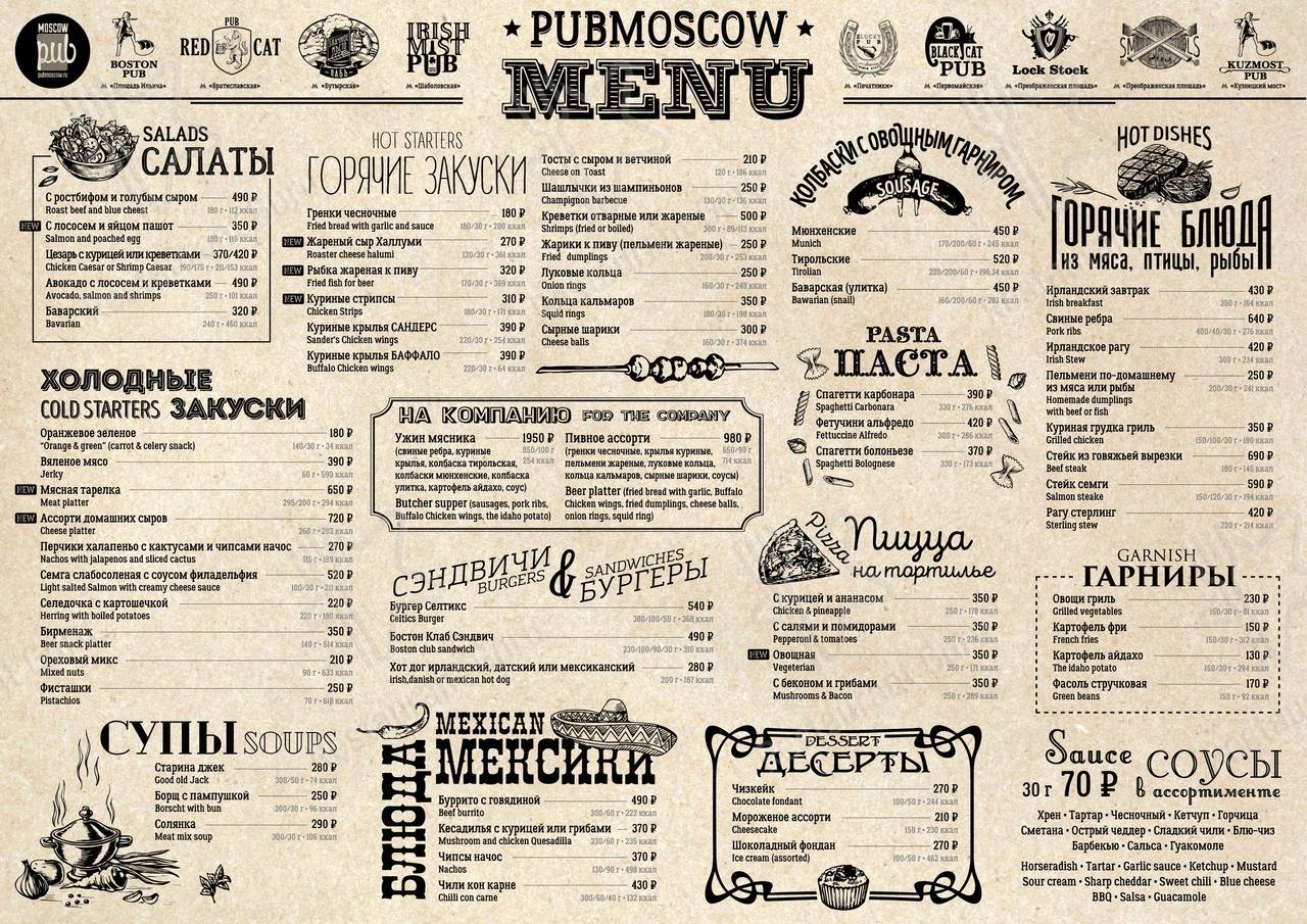 Меню для посетителей паба и бара Злачное место