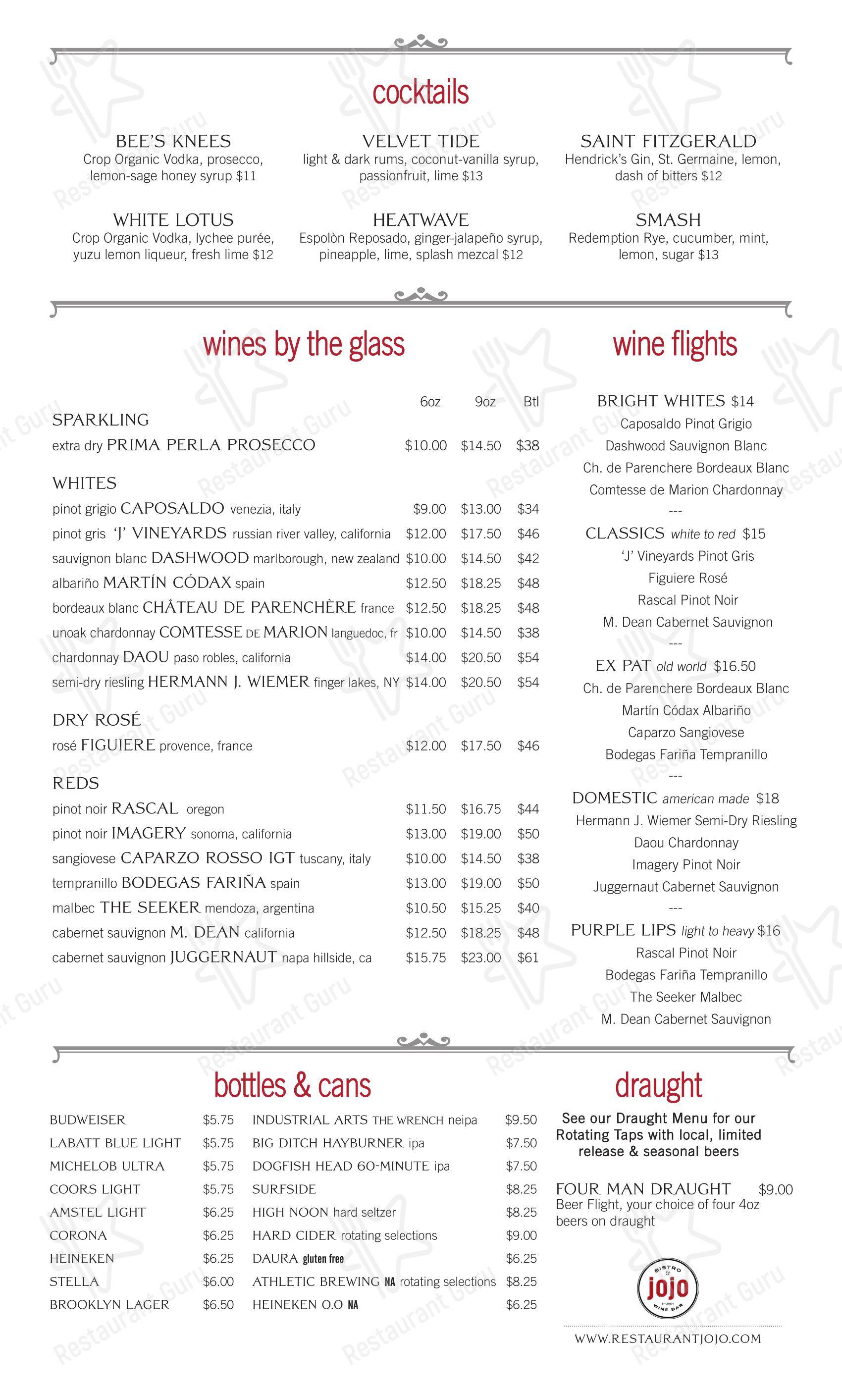 Меню jojo Bistro & Wine Bar - Pittsford - еда и напитки