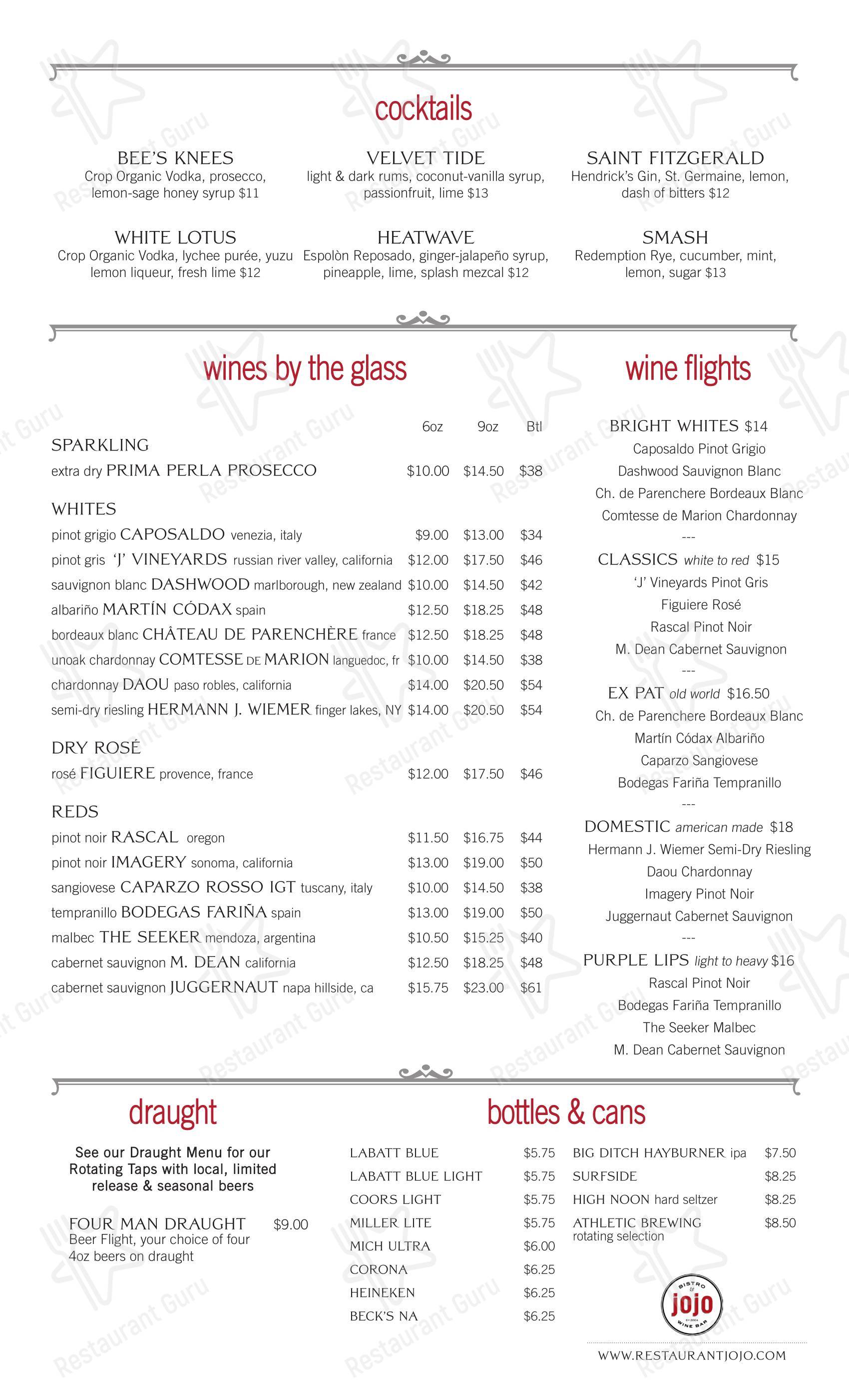Меню паба и бара jojo Bistro & Wine Bar - Pittsford - 菜单