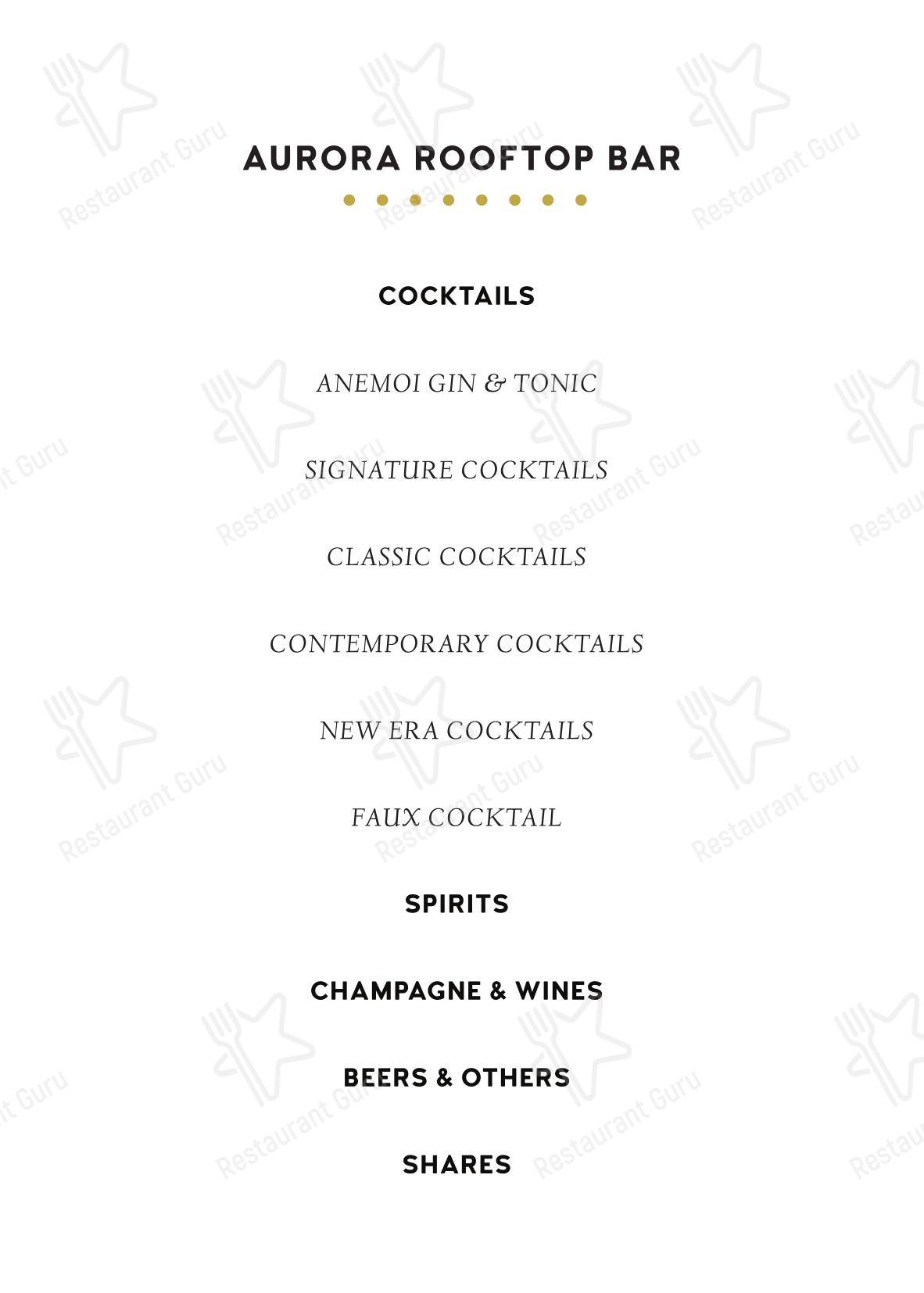Меню напитков паба и бара Aurora Rooftop Bar