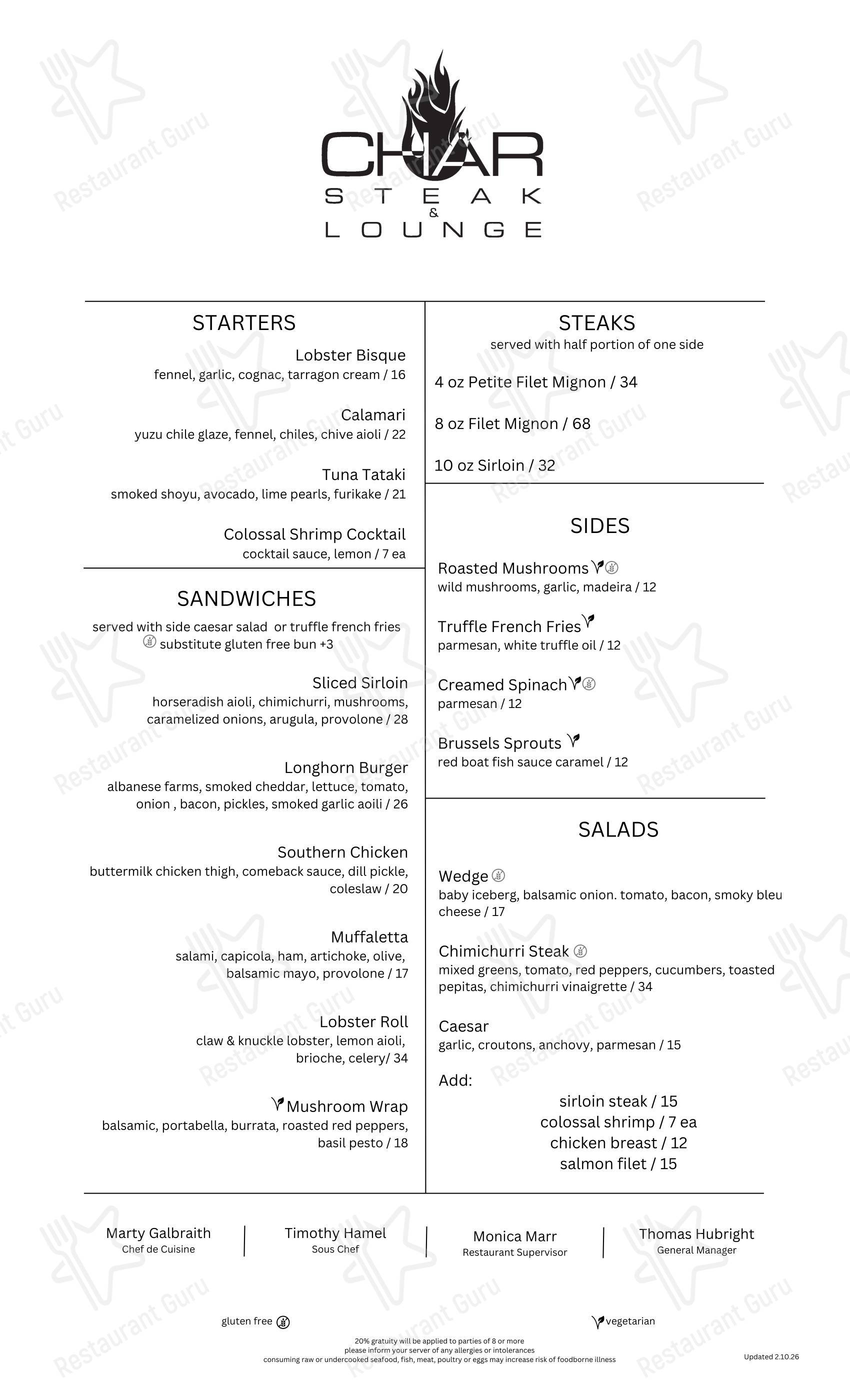 Меню паба и бара Char Steak & Lounge - Dinner Menu