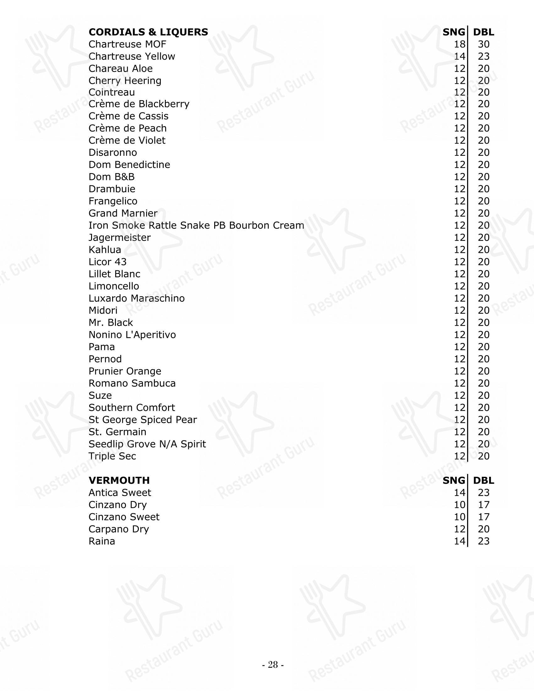 Menu bistro паба и бара Char Steak & Lounge