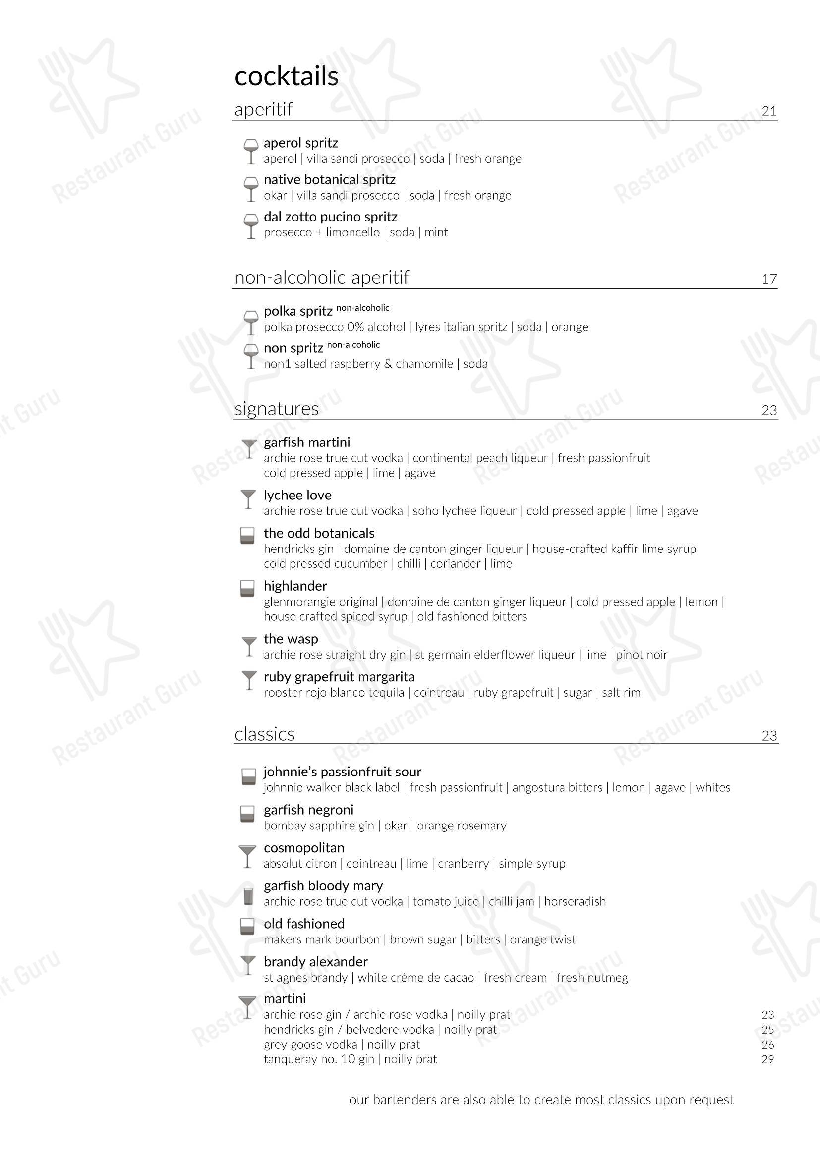 Takeaway Menu ресторана Garfish Manly в Манли