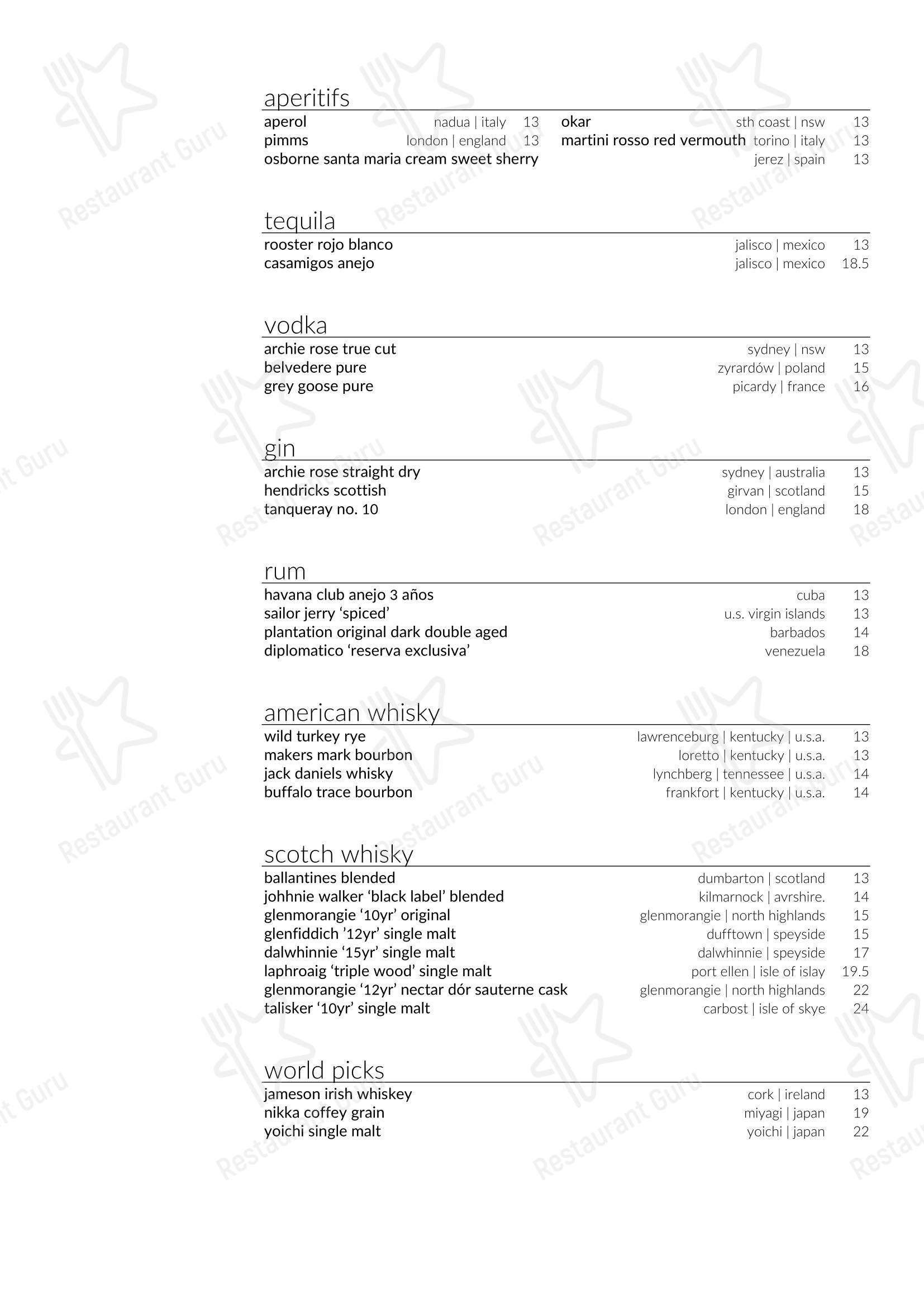 Takeaway Menu ресторана Garfish Manly