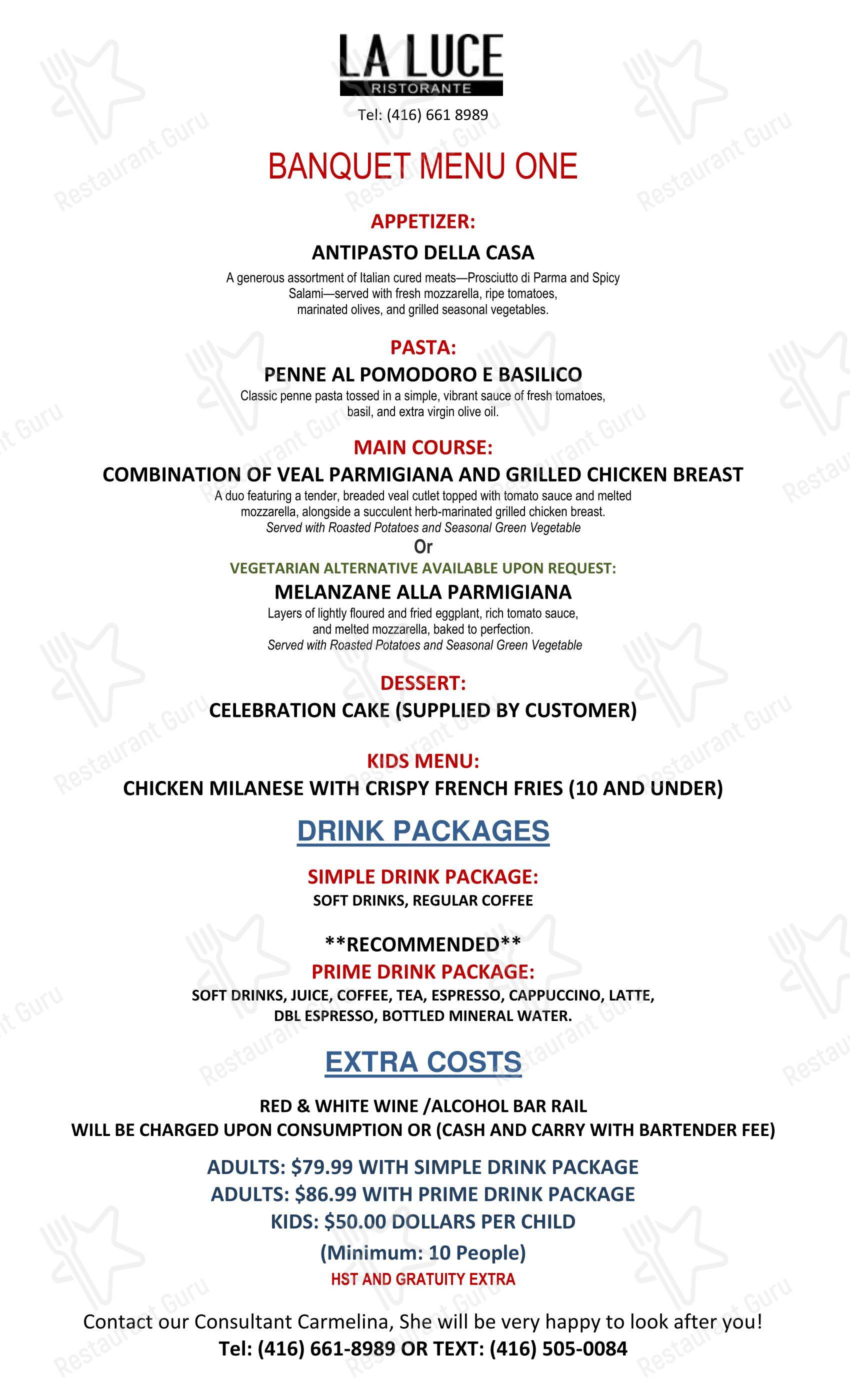 Меню ресторана La Luce Ristorante ‍ - Lunch Menu