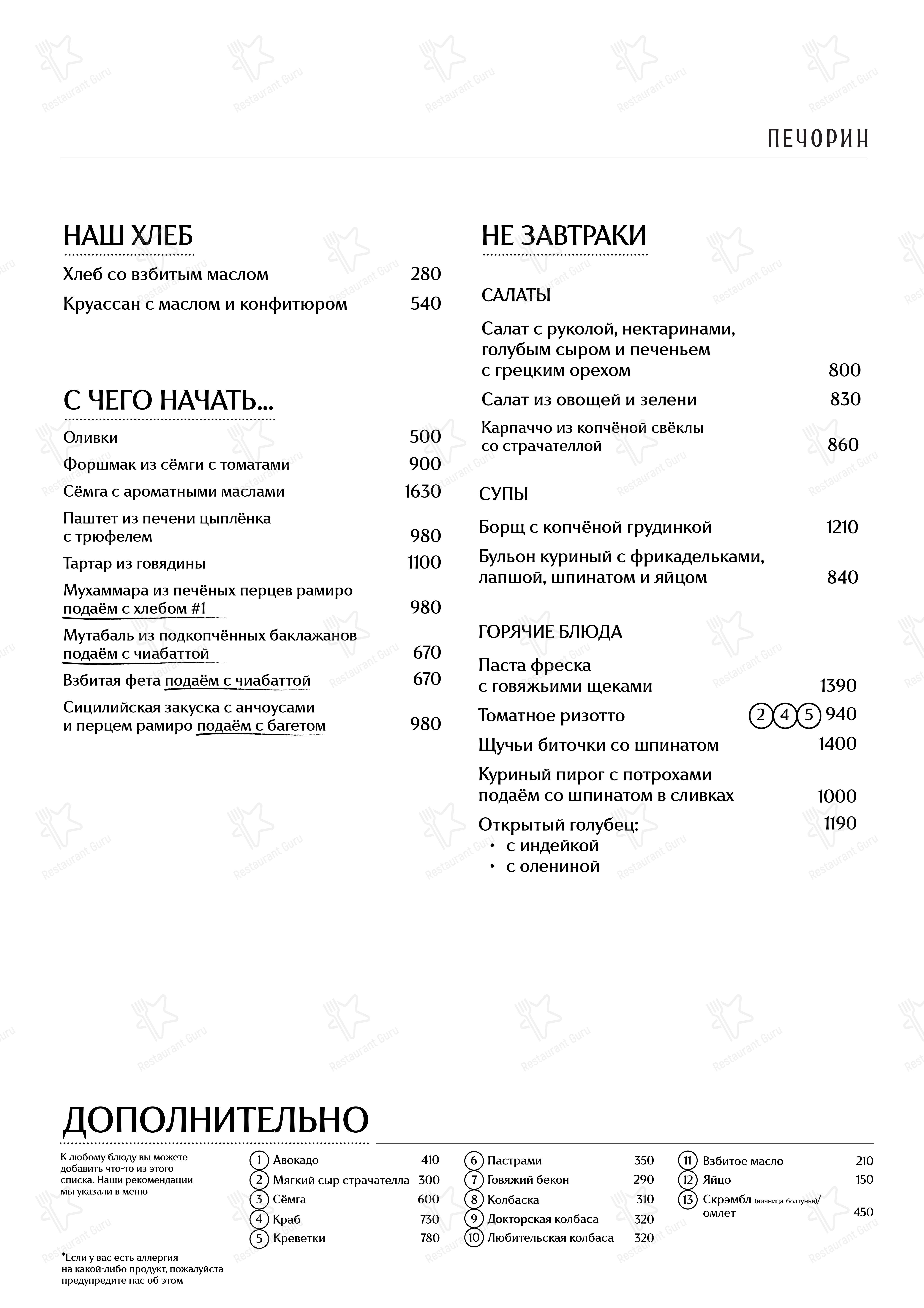 Меню напитков кафе Печорин в Москве