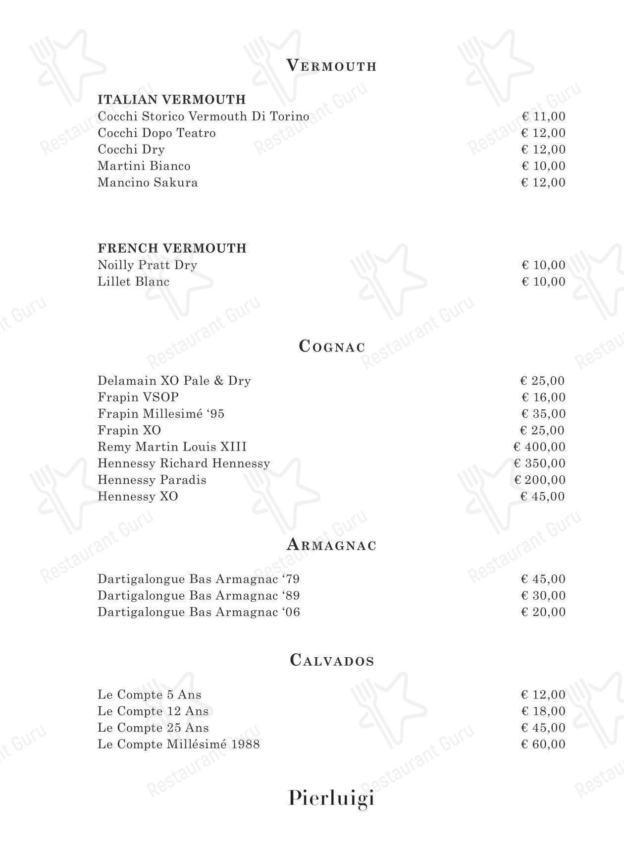 Меню ресторана Pierluigi в Риме