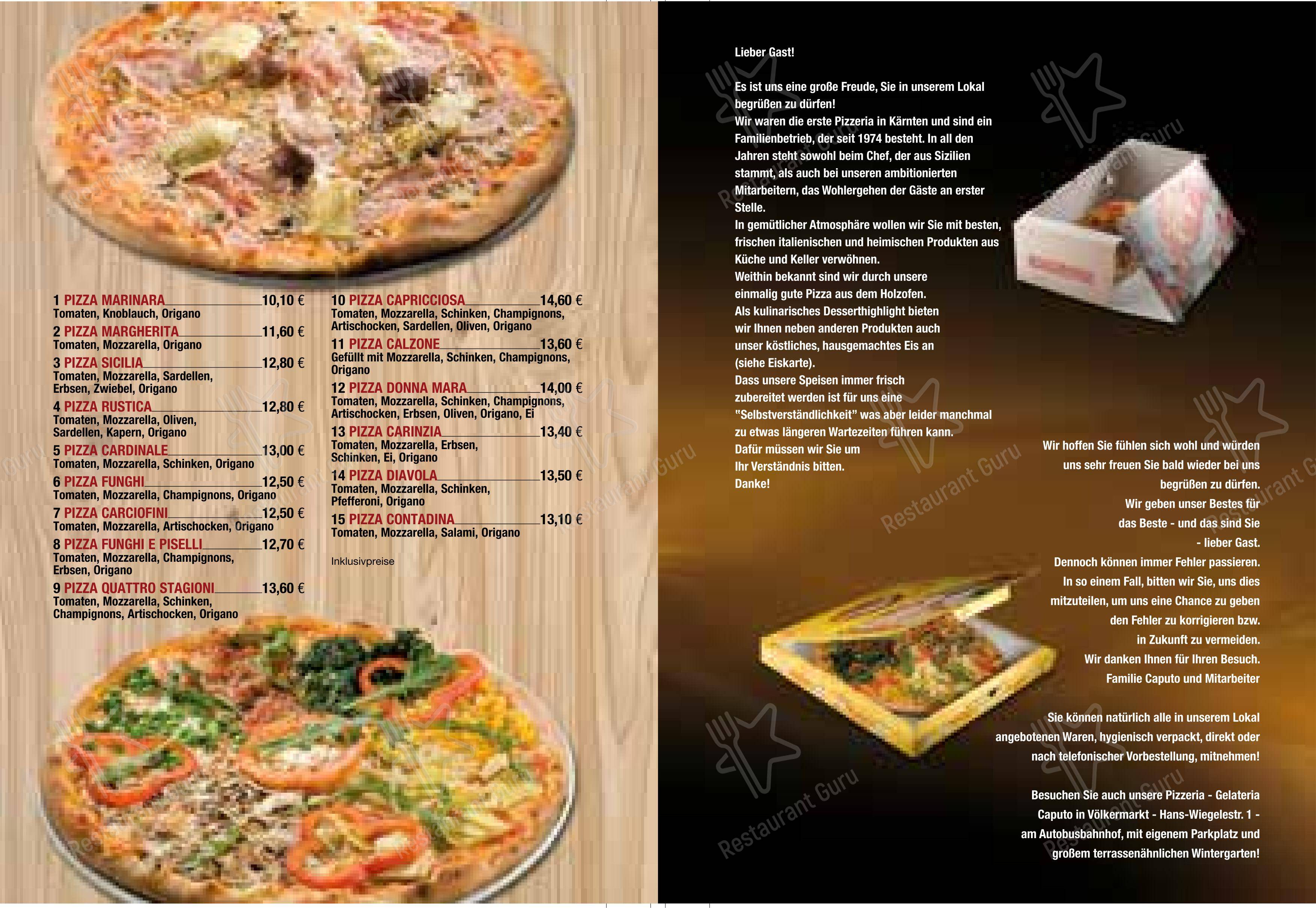 Основное меню пиццерии Pizzeria Caputo в Фёлькермаркте