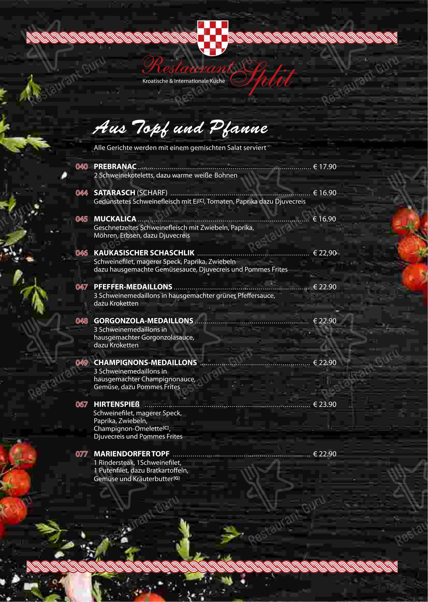 Меню ресторана Restaurant Split in Berlin - Меню