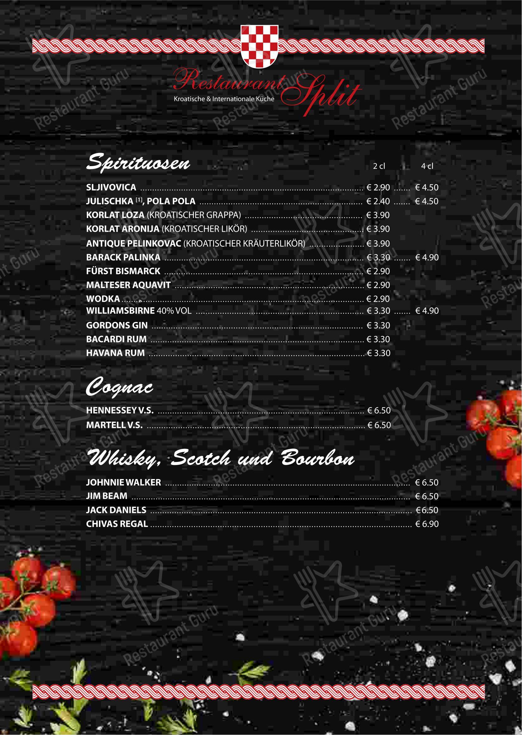 Меню ресторана Restaurant Split in Berlin - Меню