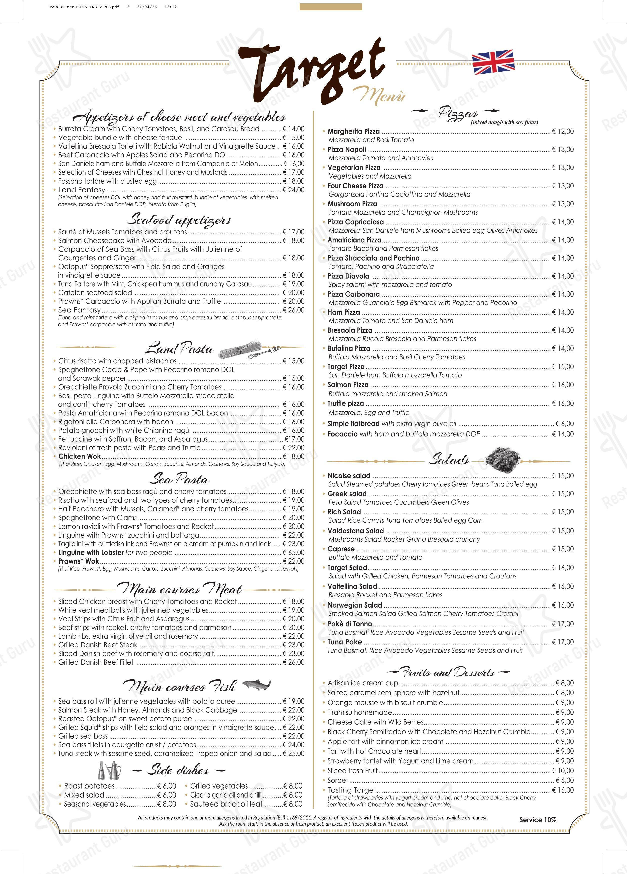 Target Restaurant в Риме - Меню