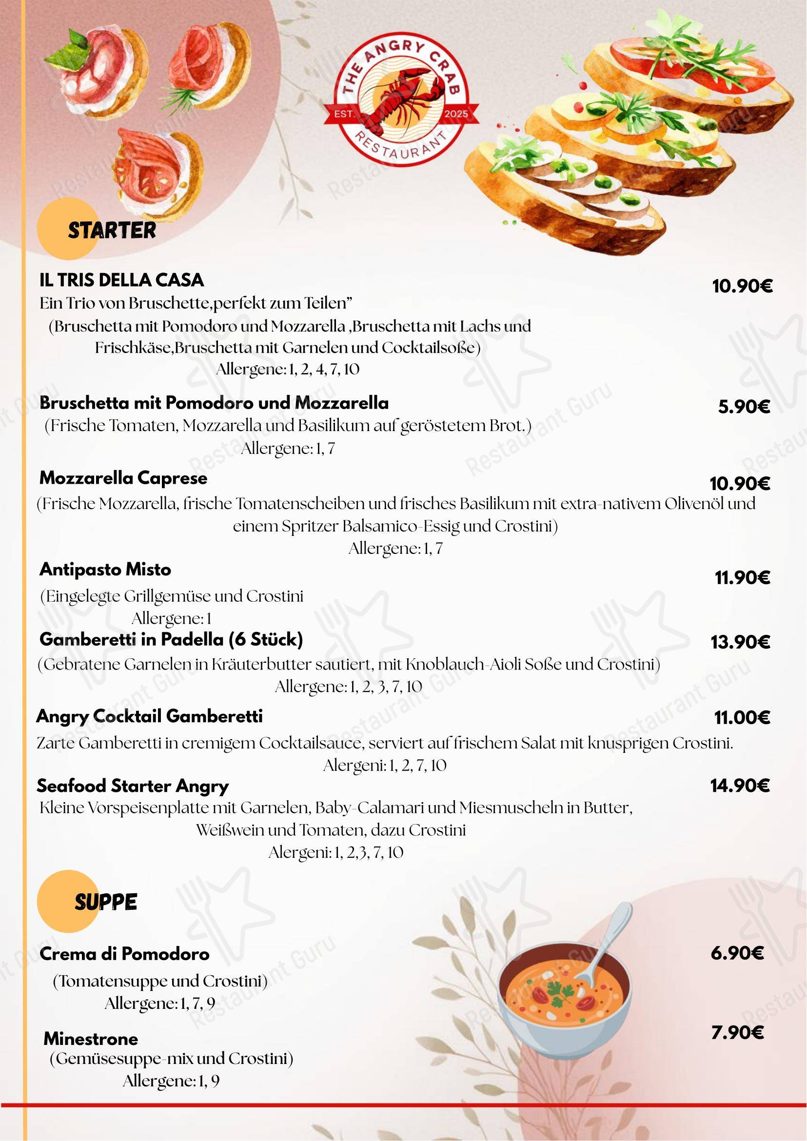 Меню ресторана The Angry Crab Restaurant в Нойбурге-на-Инне