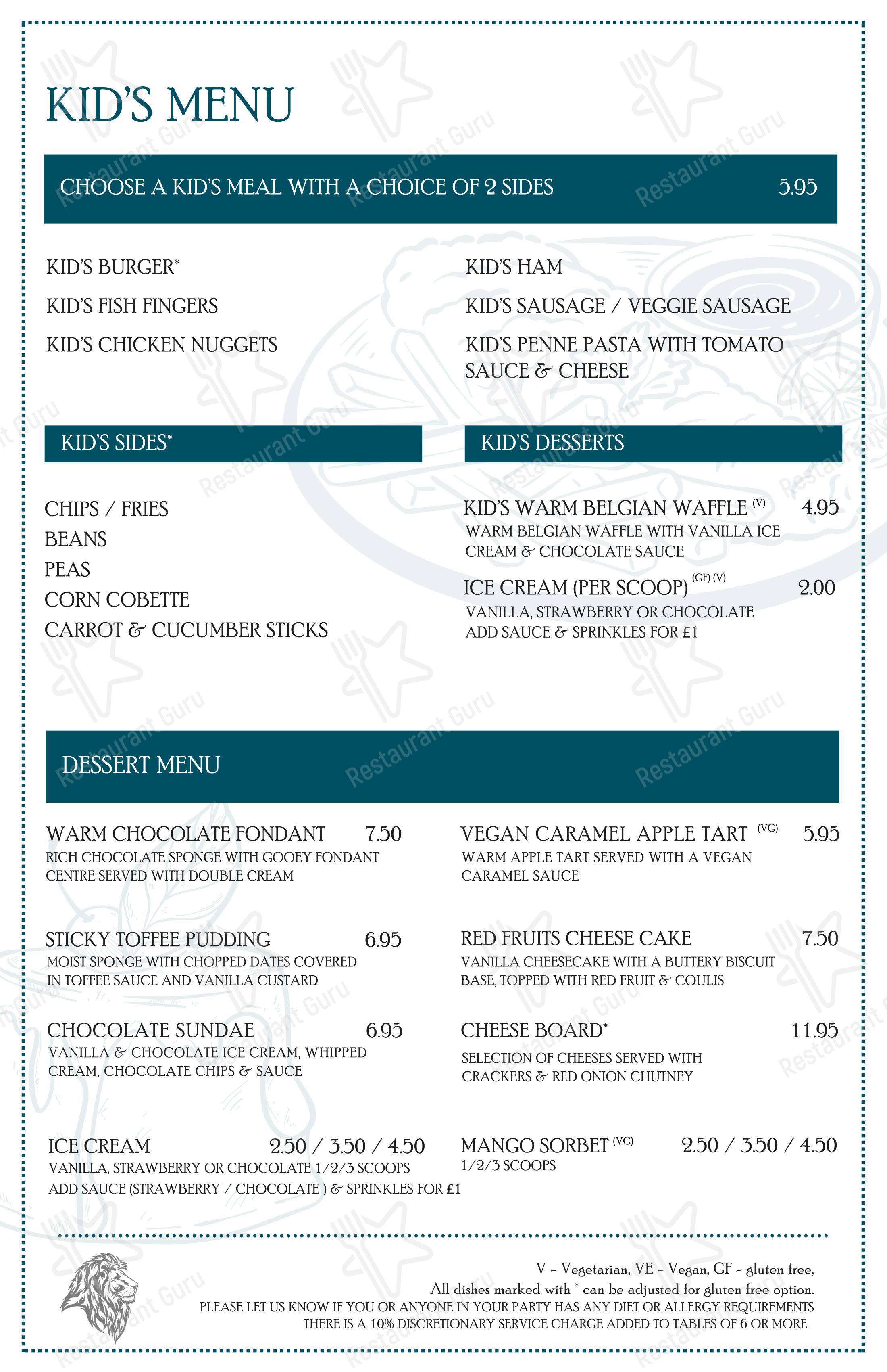 The Red Lion в Рагби - Dinner Menu