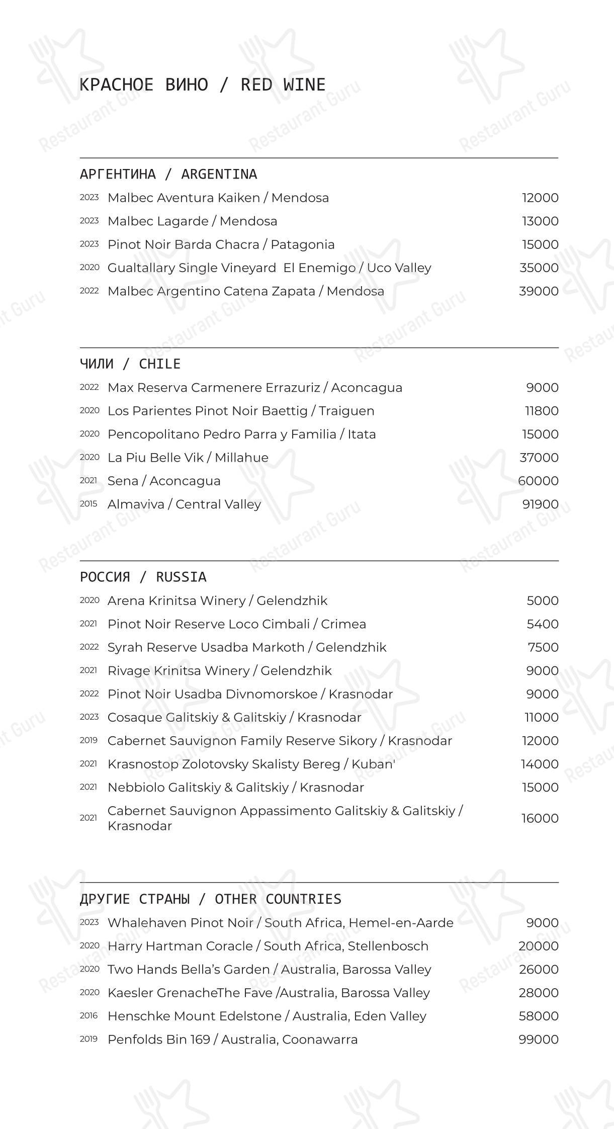 Dinner Menu ресторана Bruno