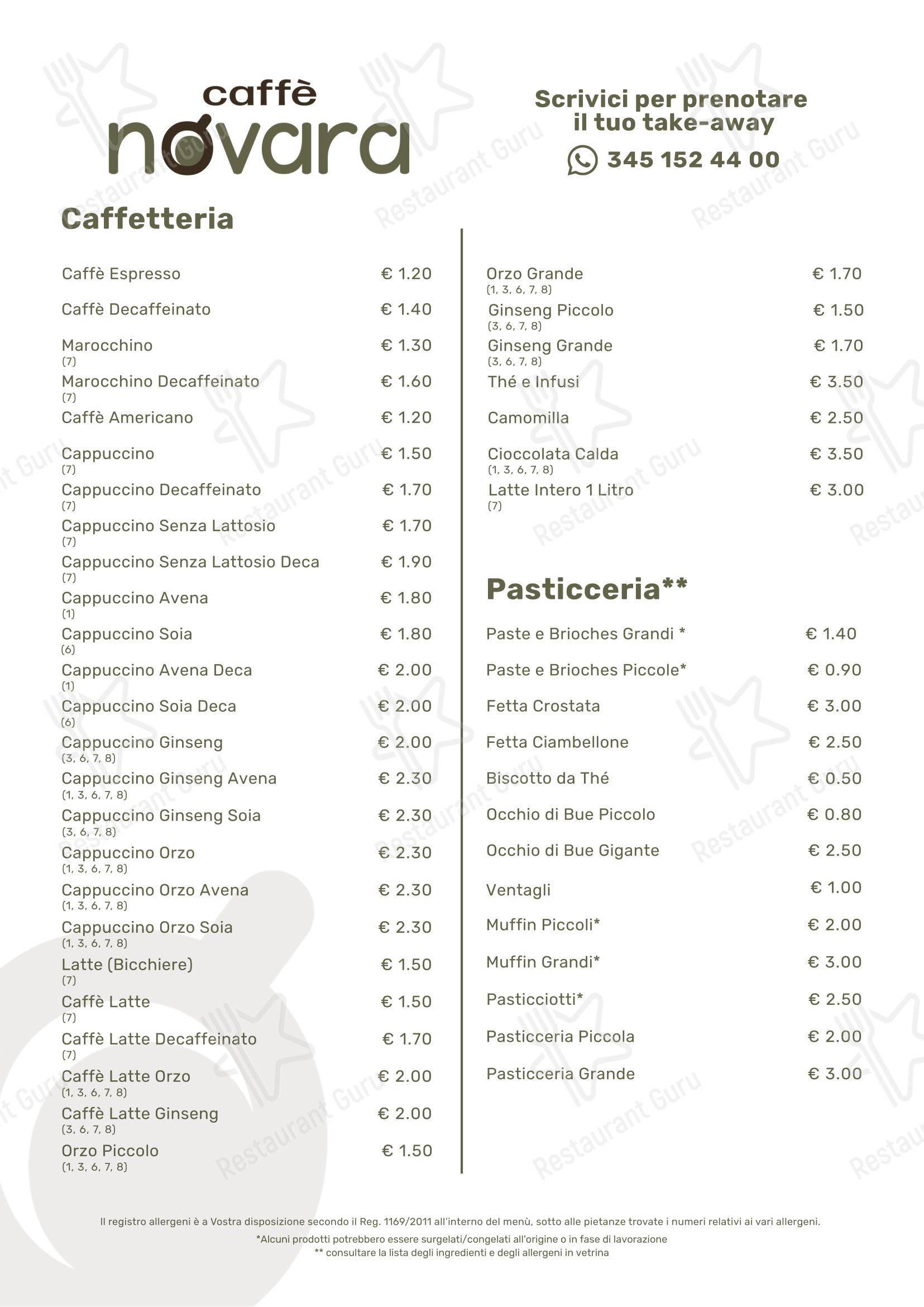 Caffè Novara в Риме - Меню