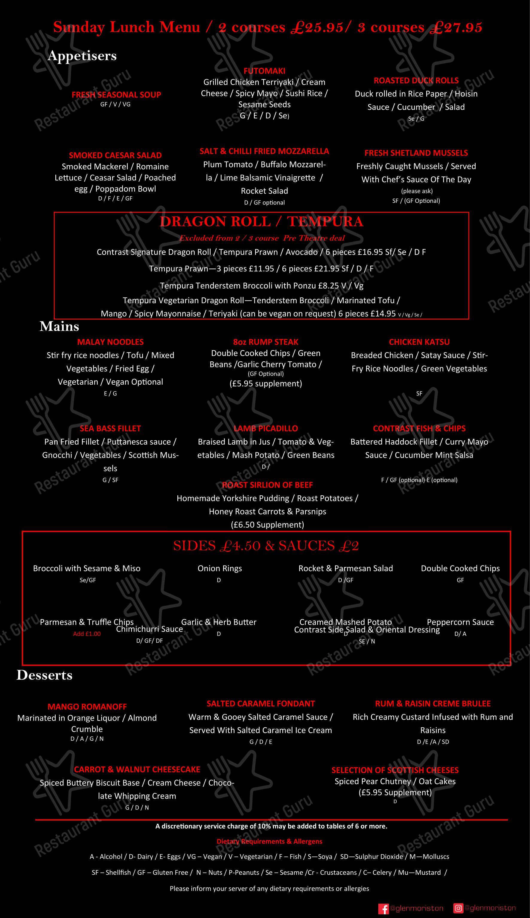 Contrast Brasserie в Инвернессе - Основное меню