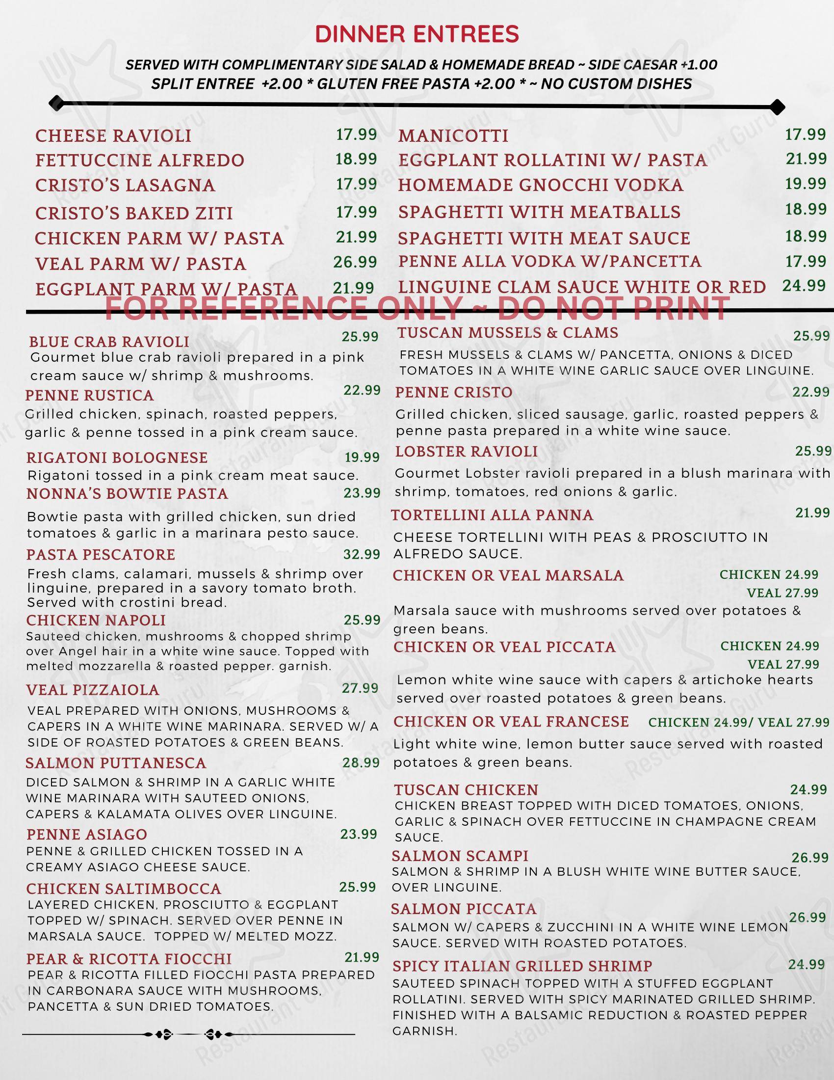Меню напитков пиццерии Cristo's Ristorante & Pizzeria в Ролях