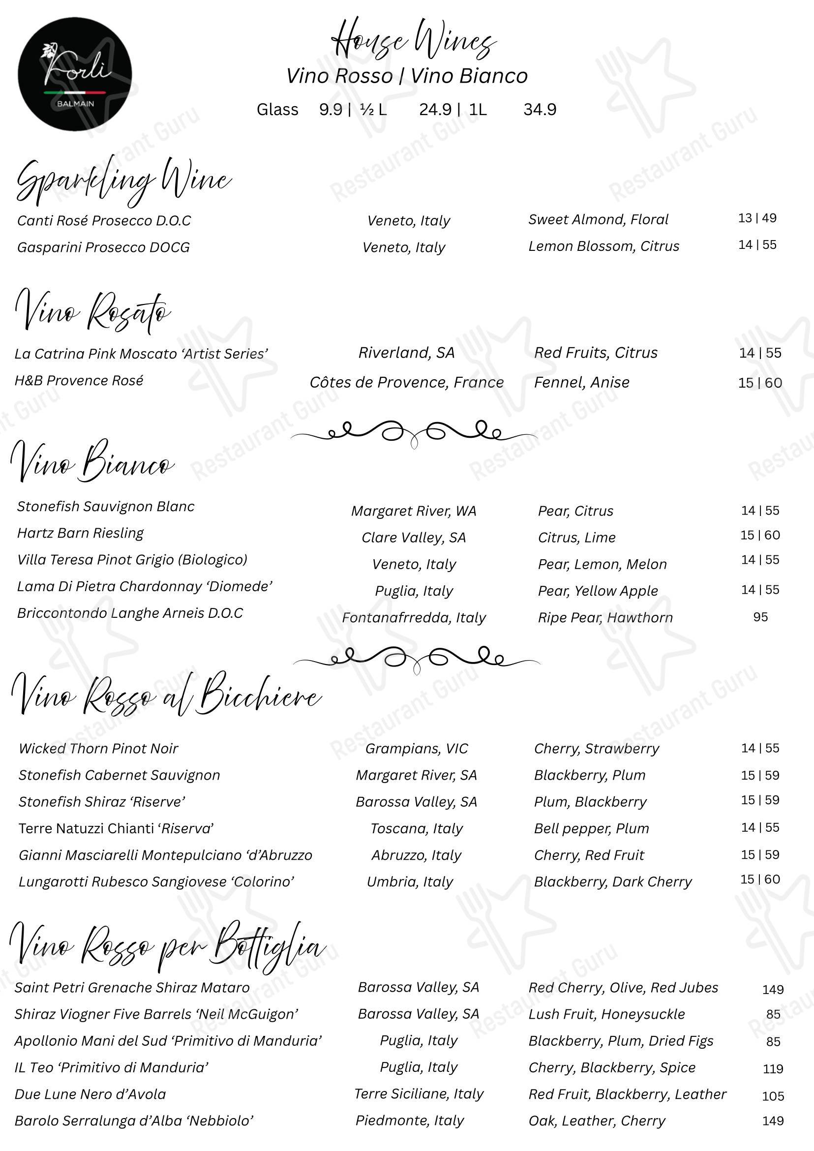 Основное меню ресторана Forli Italian Restaurant в Балмейне