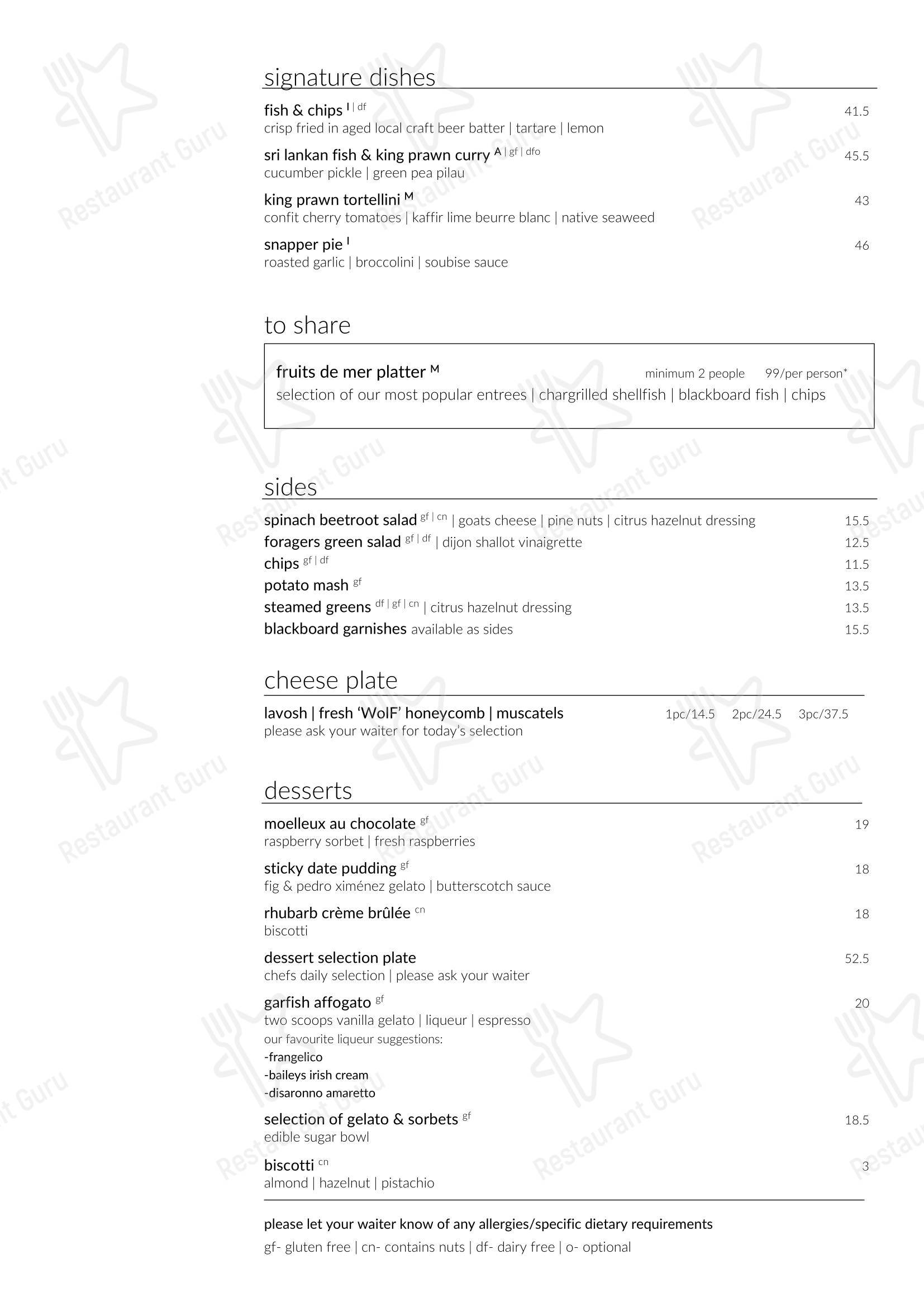 Takeaway Menu ресторана Garfish Manly в Манли