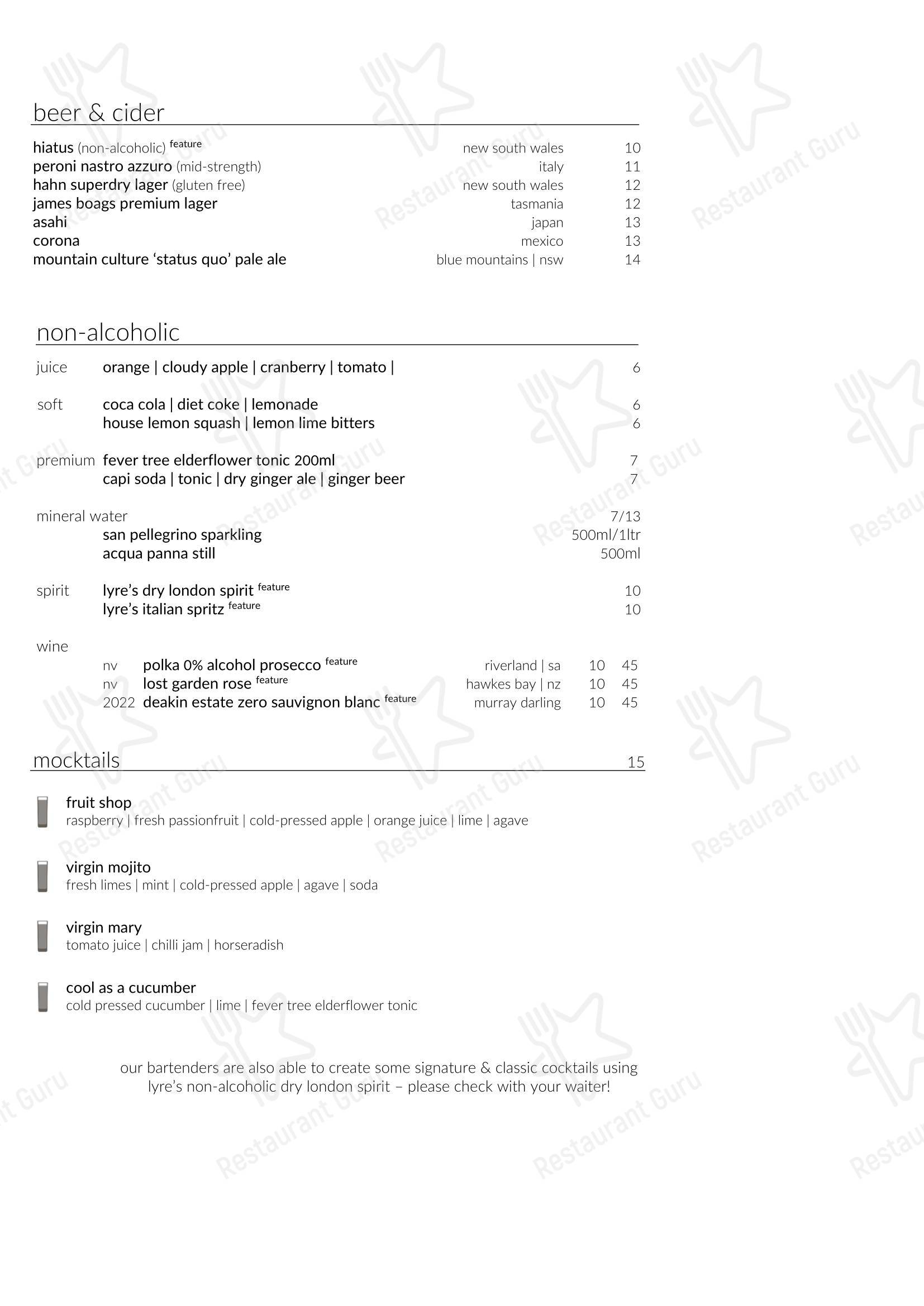 Takeaway Menu ресторана Garfish Manly в Манли