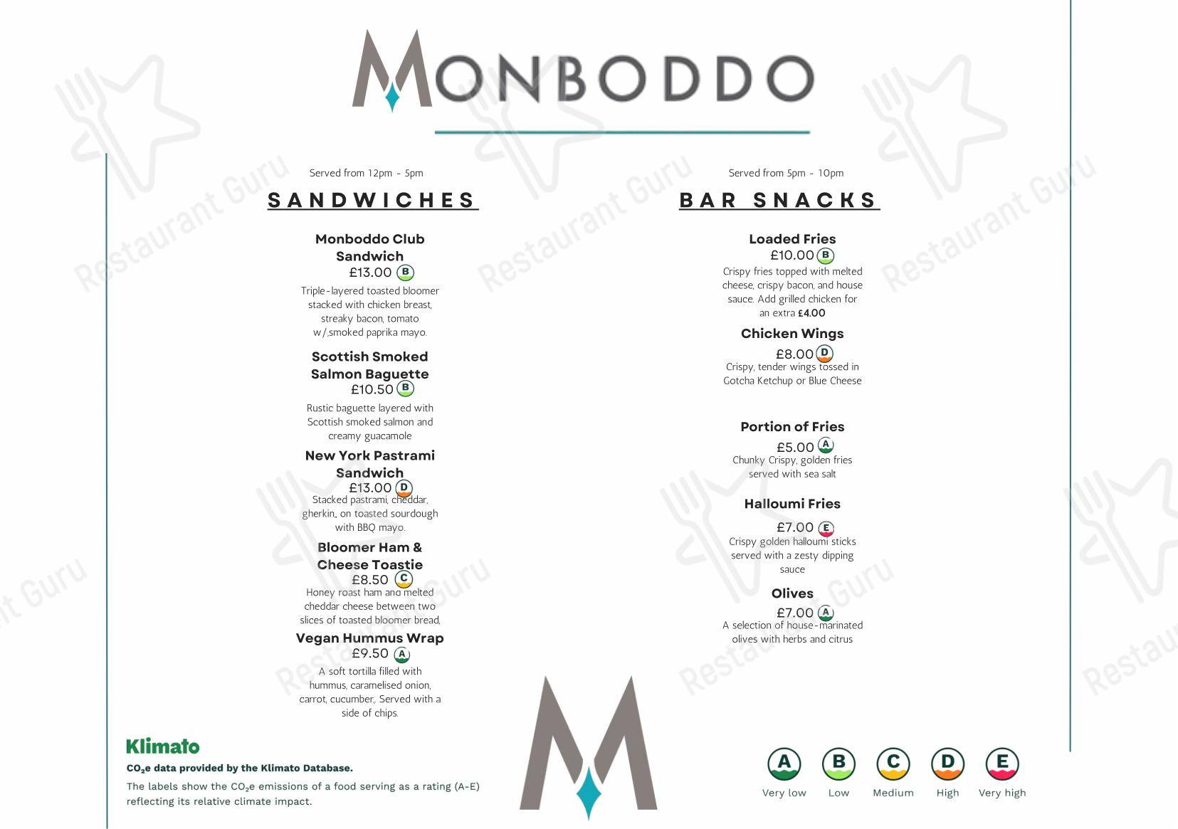 Меню паба и бара Monboddo Restaurant & Bar в Эдинбурге