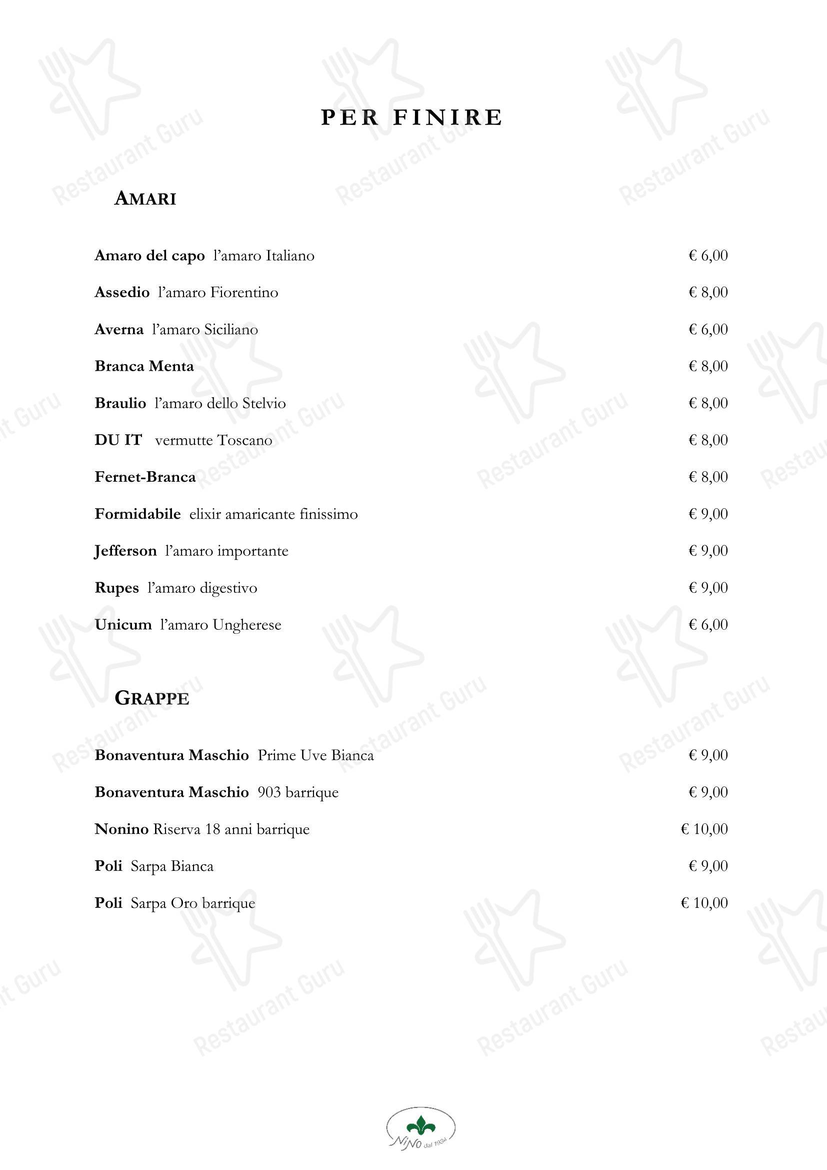 Меню ресторана Nino Restaurant в Риме