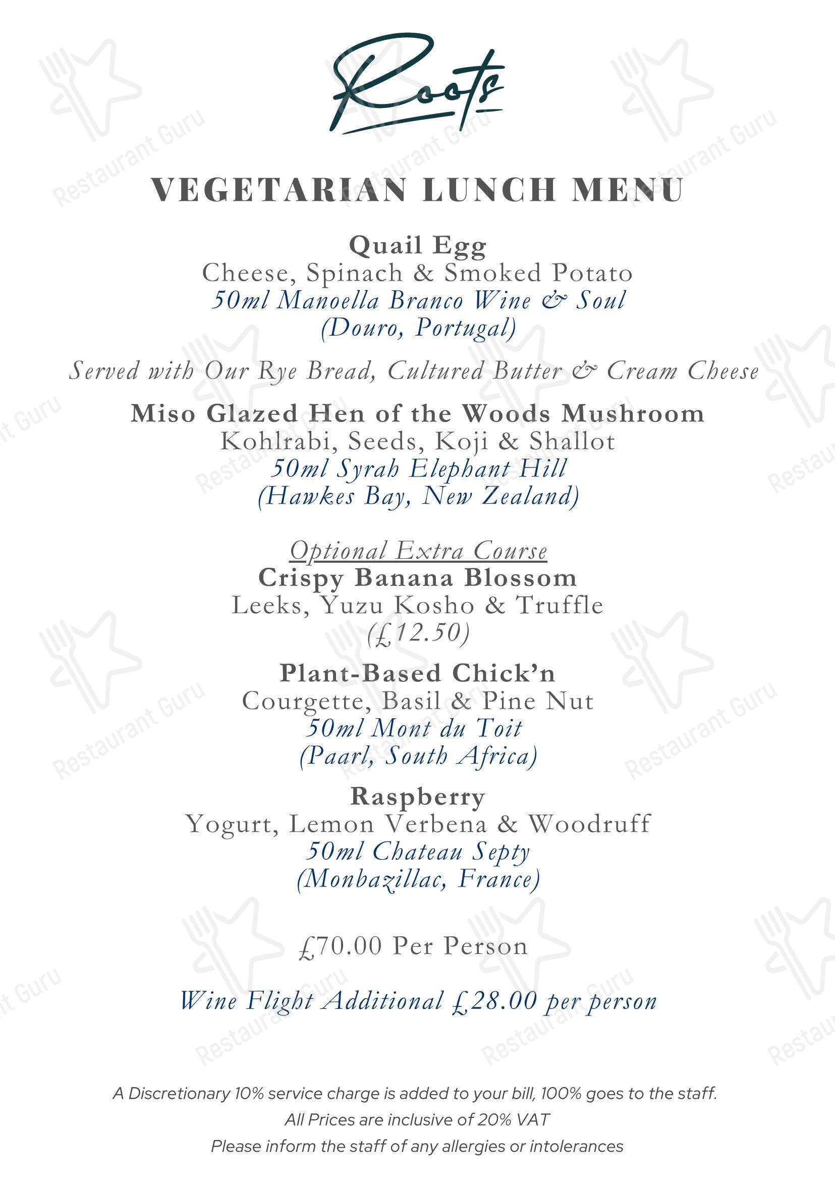 Restaurant Roots в Борнмуте - Lunch Menu