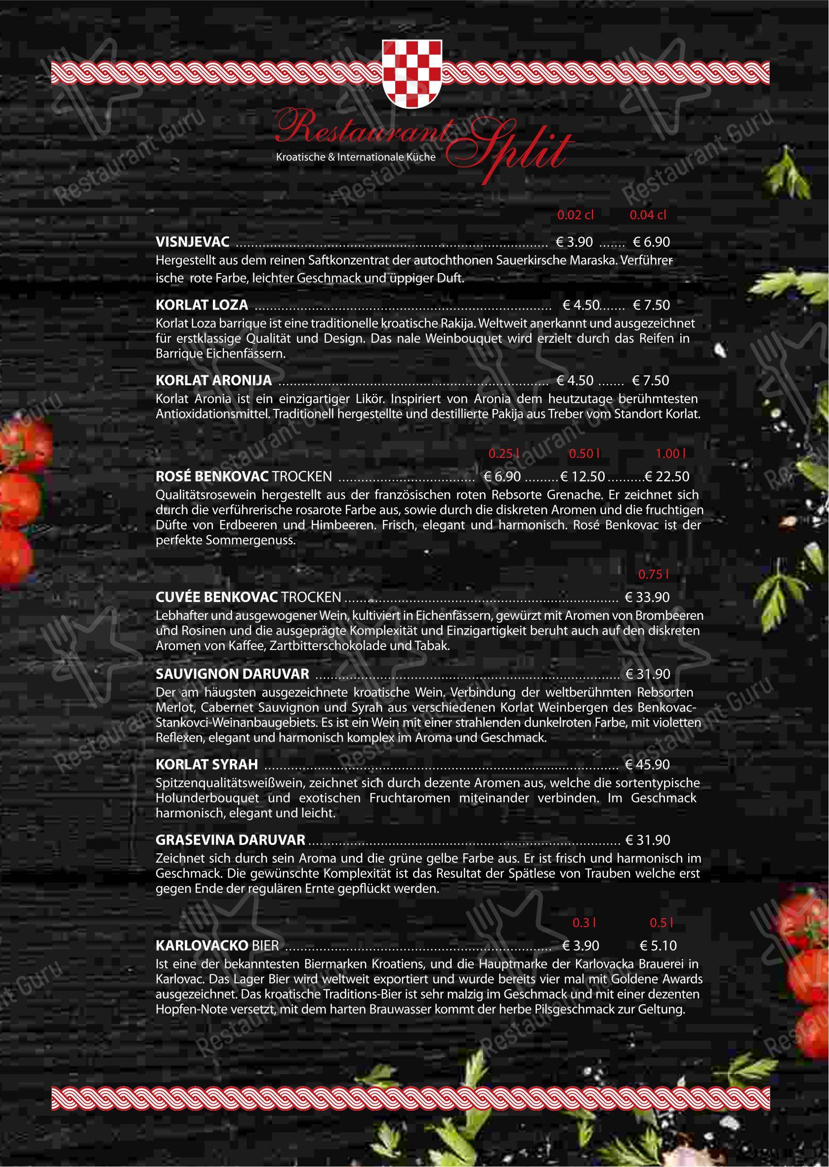 Меню ресторана Restaurant Split in Berlin