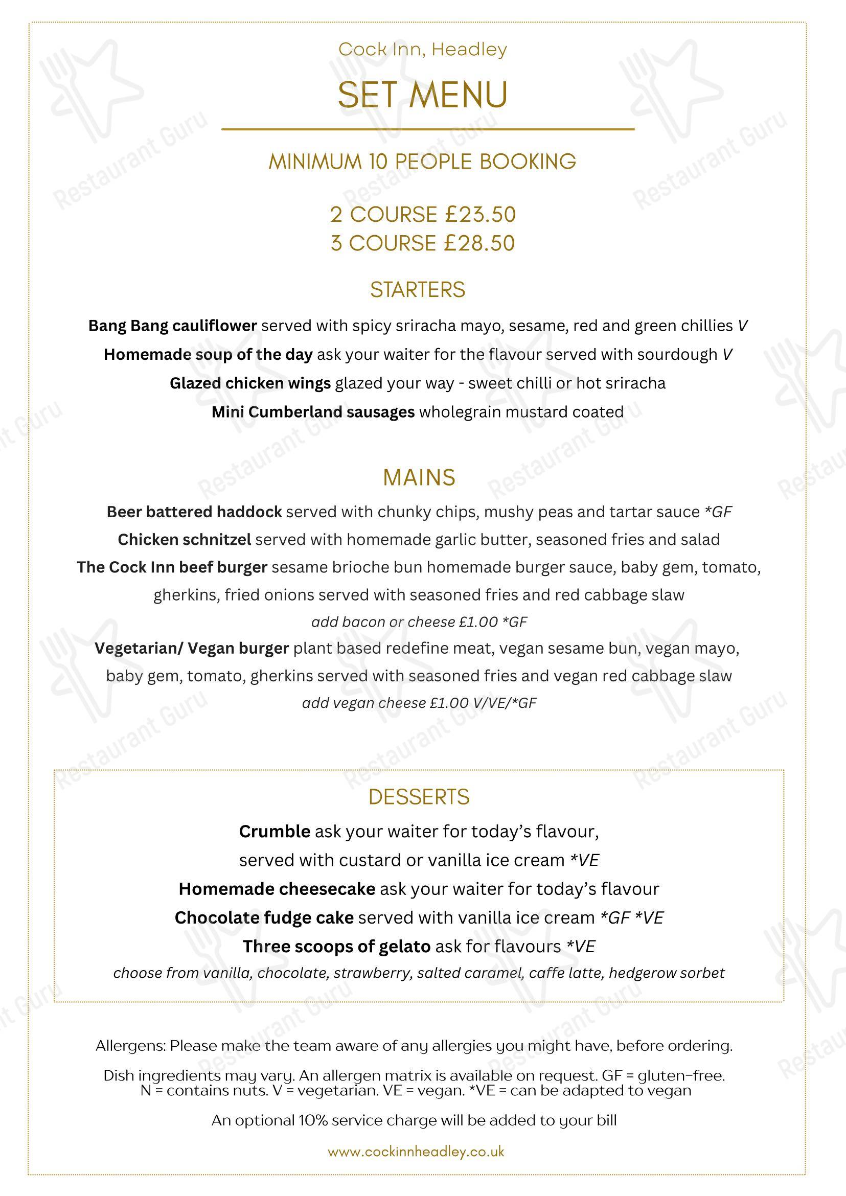 The Cock Inn в Эпсоме - Dinner Menu
