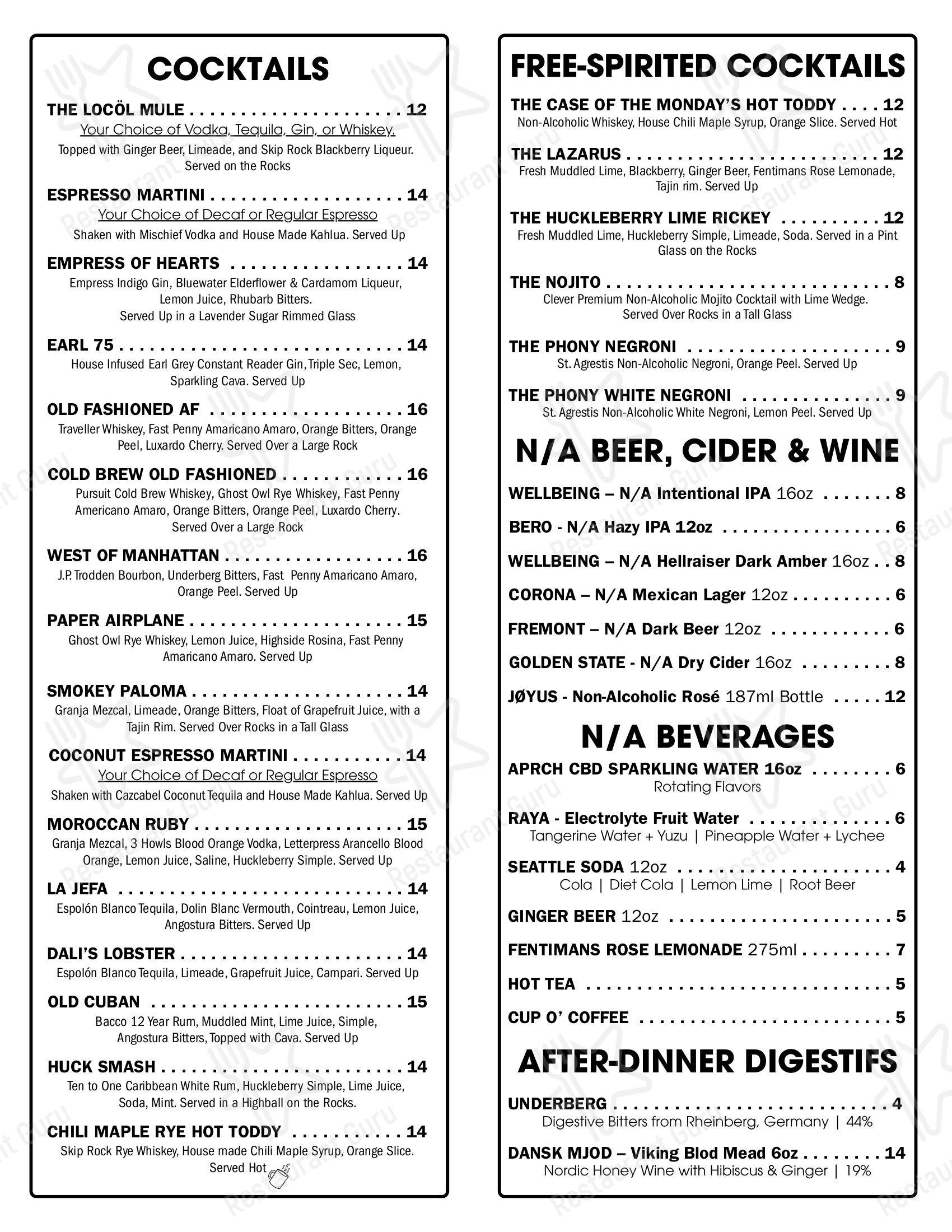 Меню паба и бара The Locöl Kitchen & Bar - Меню