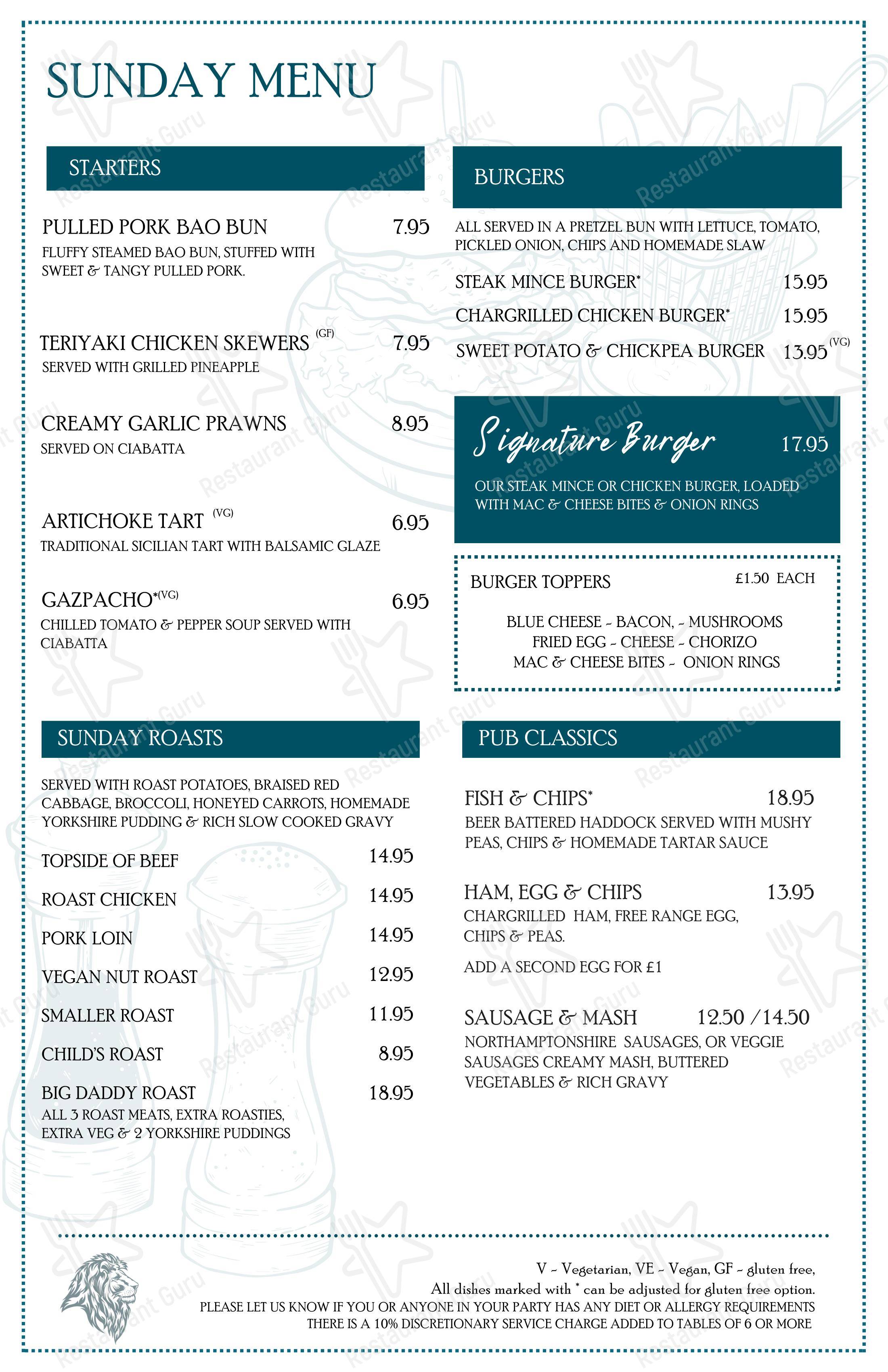 Dinner Menu паба и бара The Red Lion