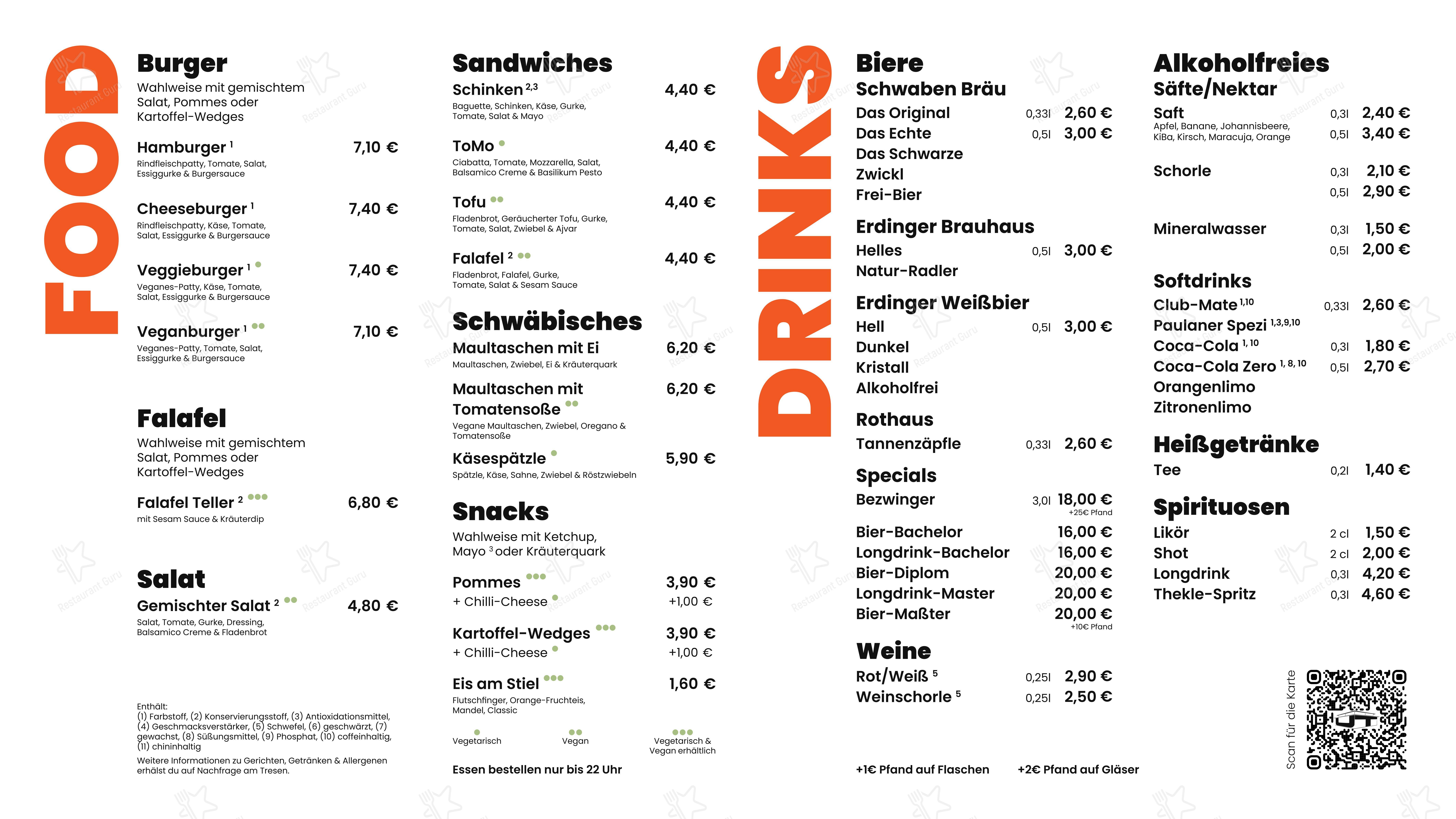 Меню паба и бара Unithekle Campusbar в Штутгарте