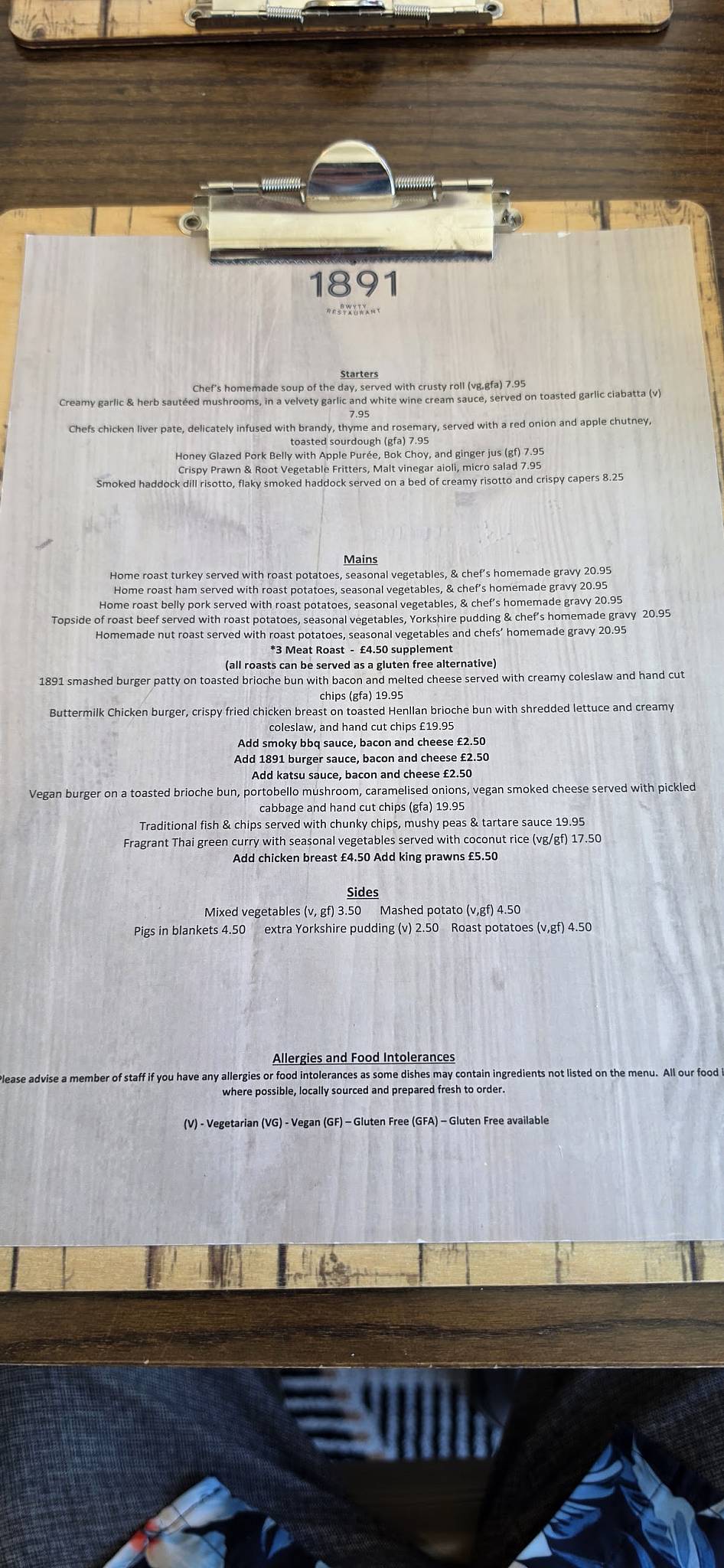 1891 Restaurant and Bar, Rhyl меню