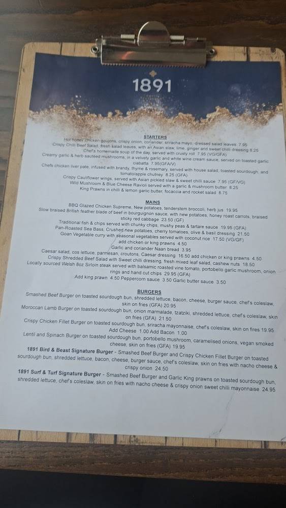 1891 Restaurant and Bar, Rhyl меню