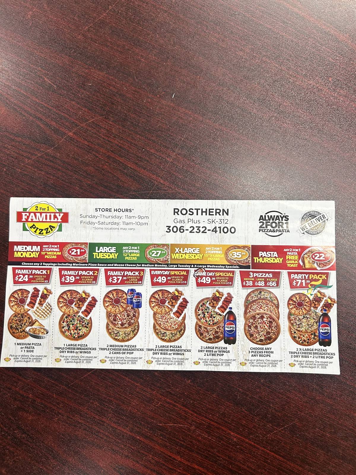 2 for 1 Family Pizza Rosthern меню