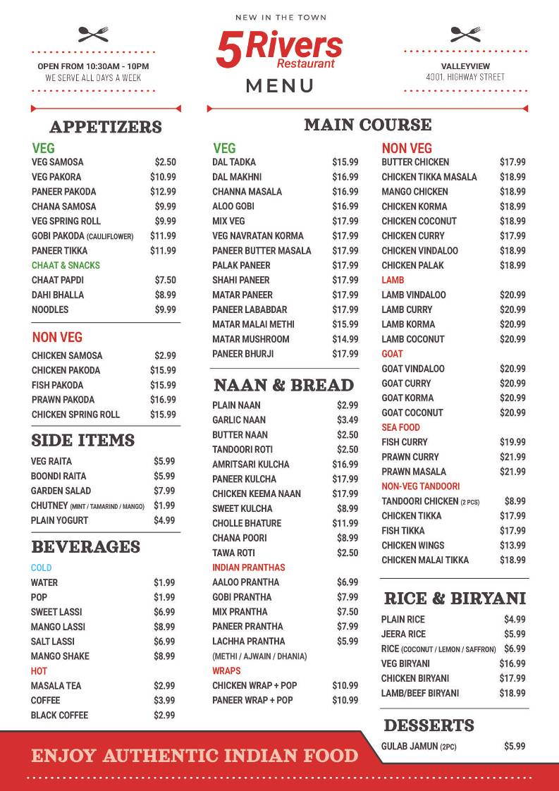 5 Rivers Restaurant ltd меню