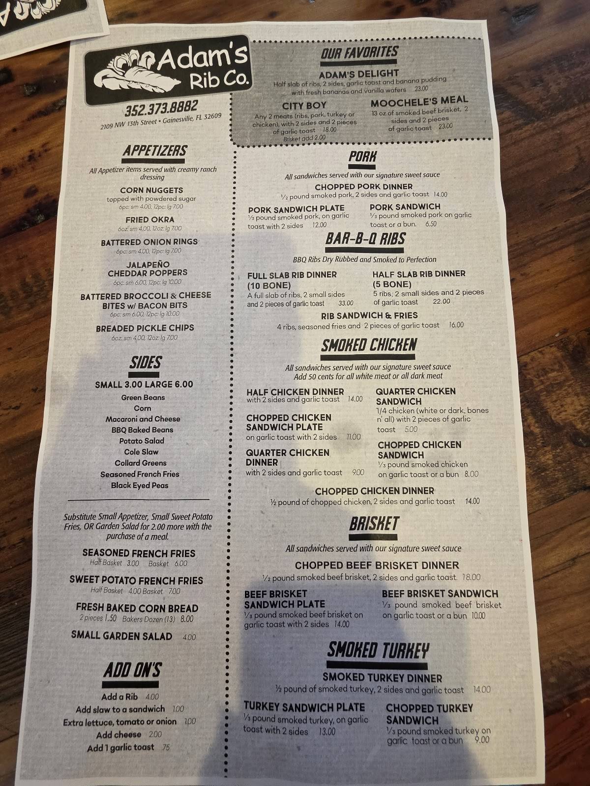 Adam's Rib Co. меню
