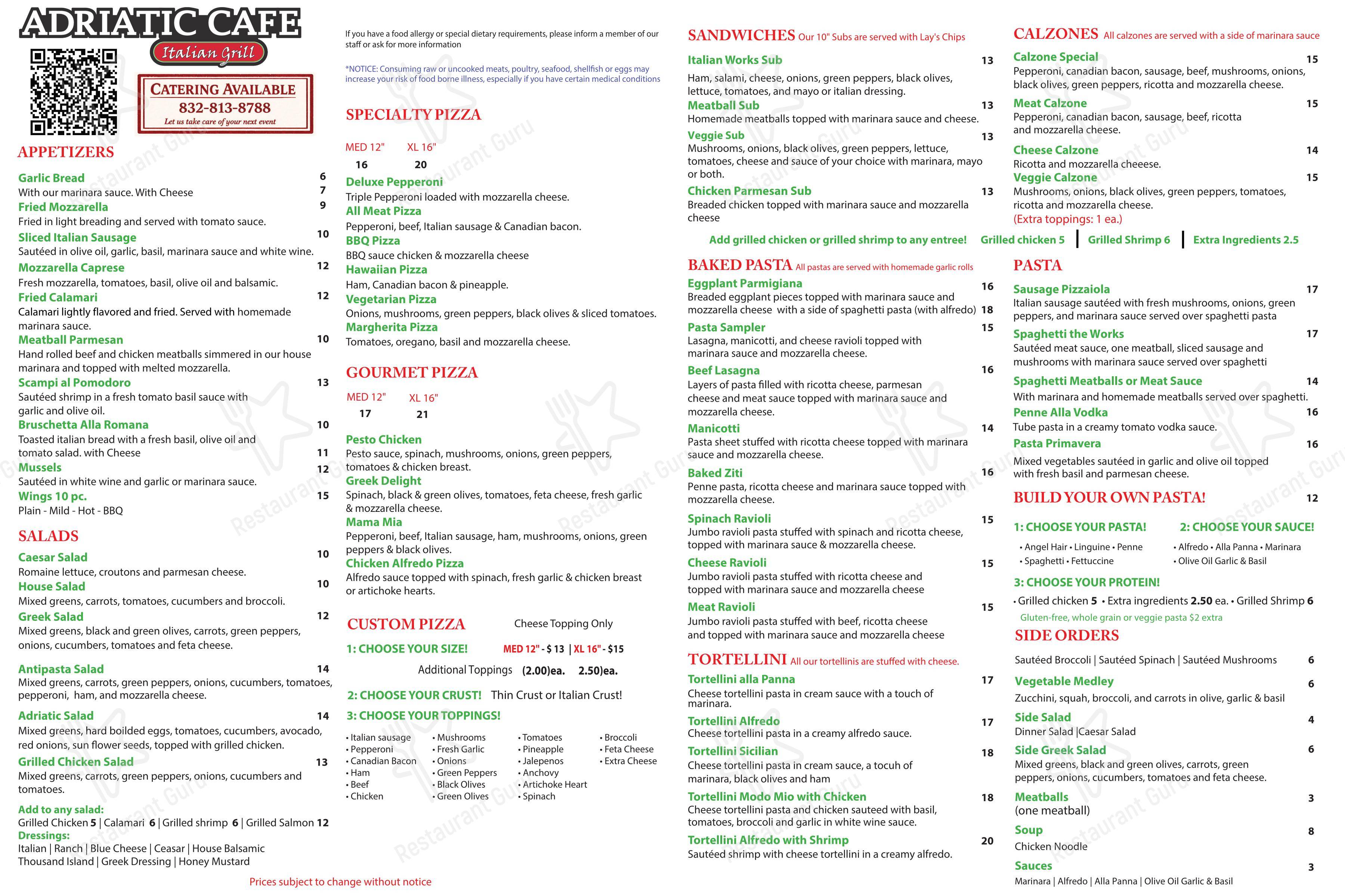 Меню паба и бара Adriatic Cafe Italian Grill Spring TX