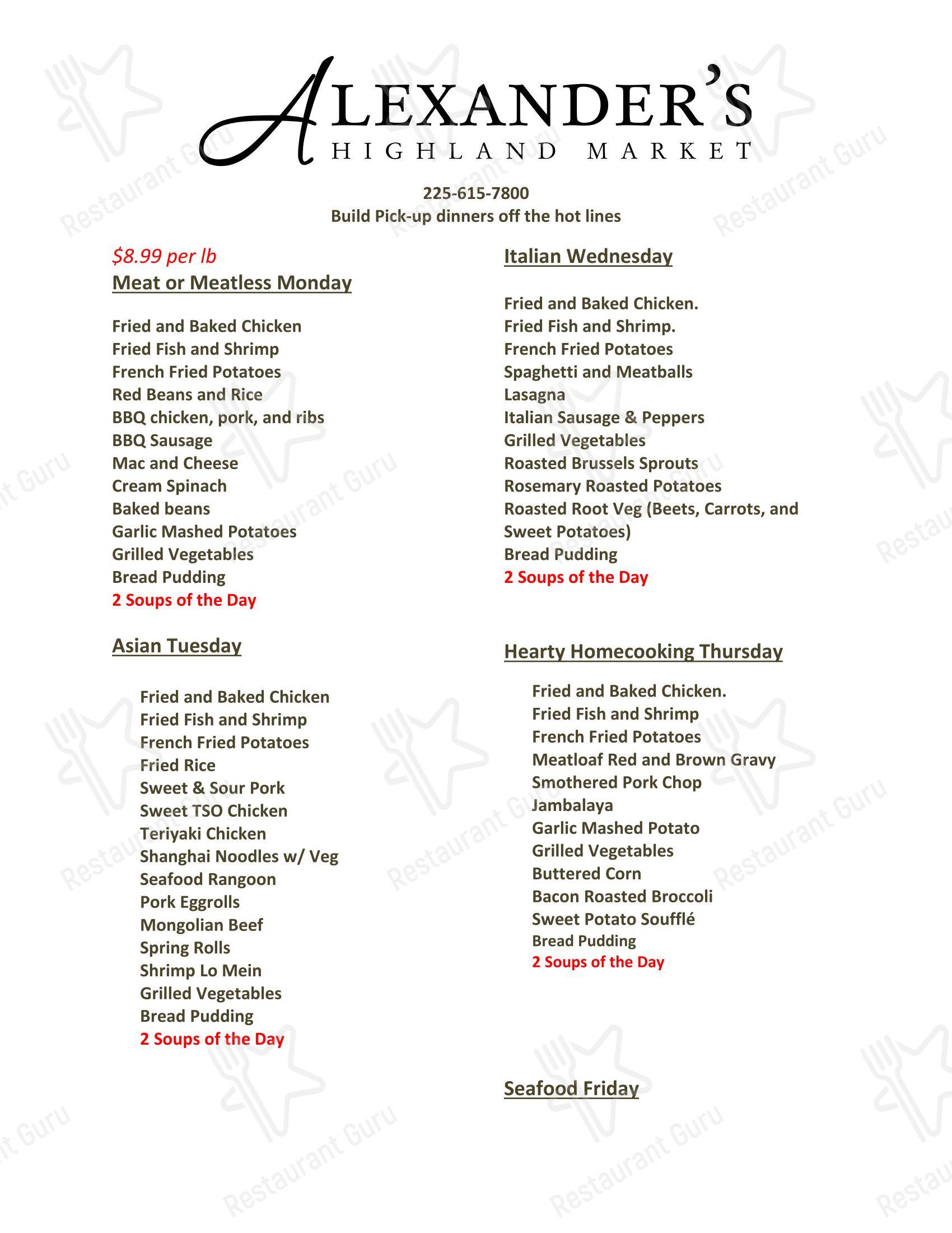 Alexander's Highland Market в Батоне-Руже - Меню