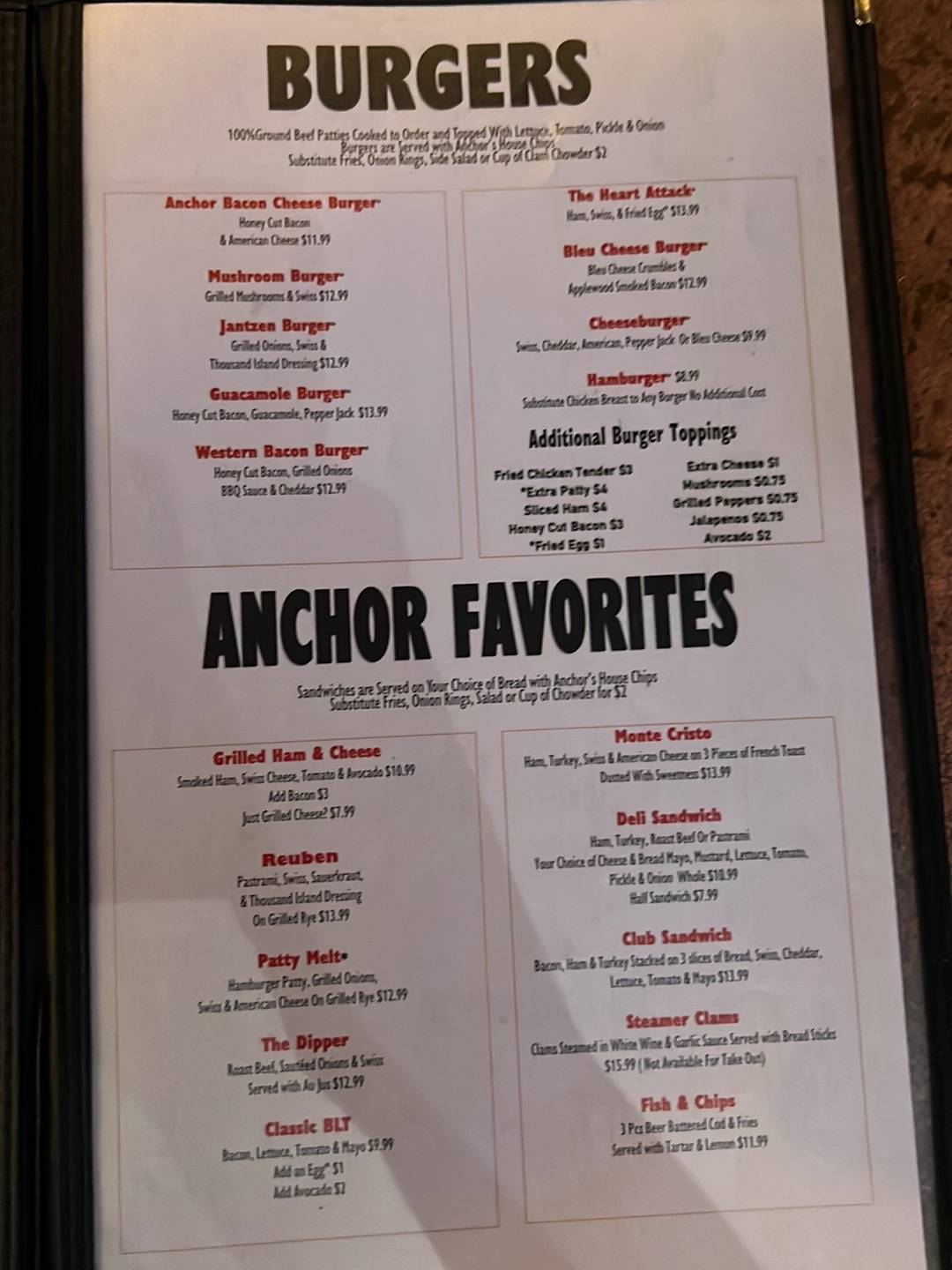 Anchor Bar меню