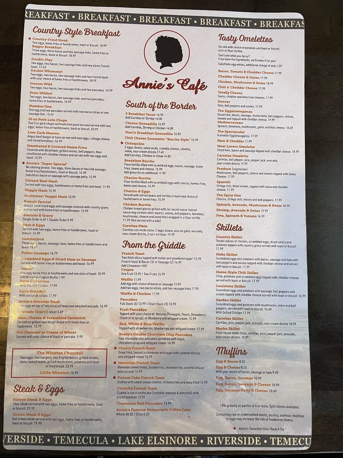 Annie's Cafe Riverside меню