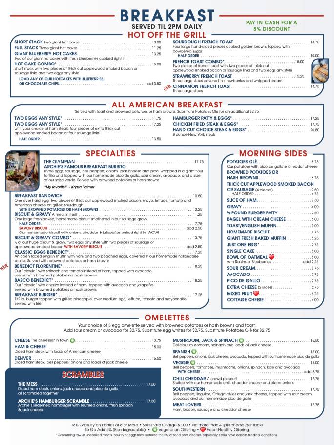 Archie's Giant Hamburgers & Breakfast меню