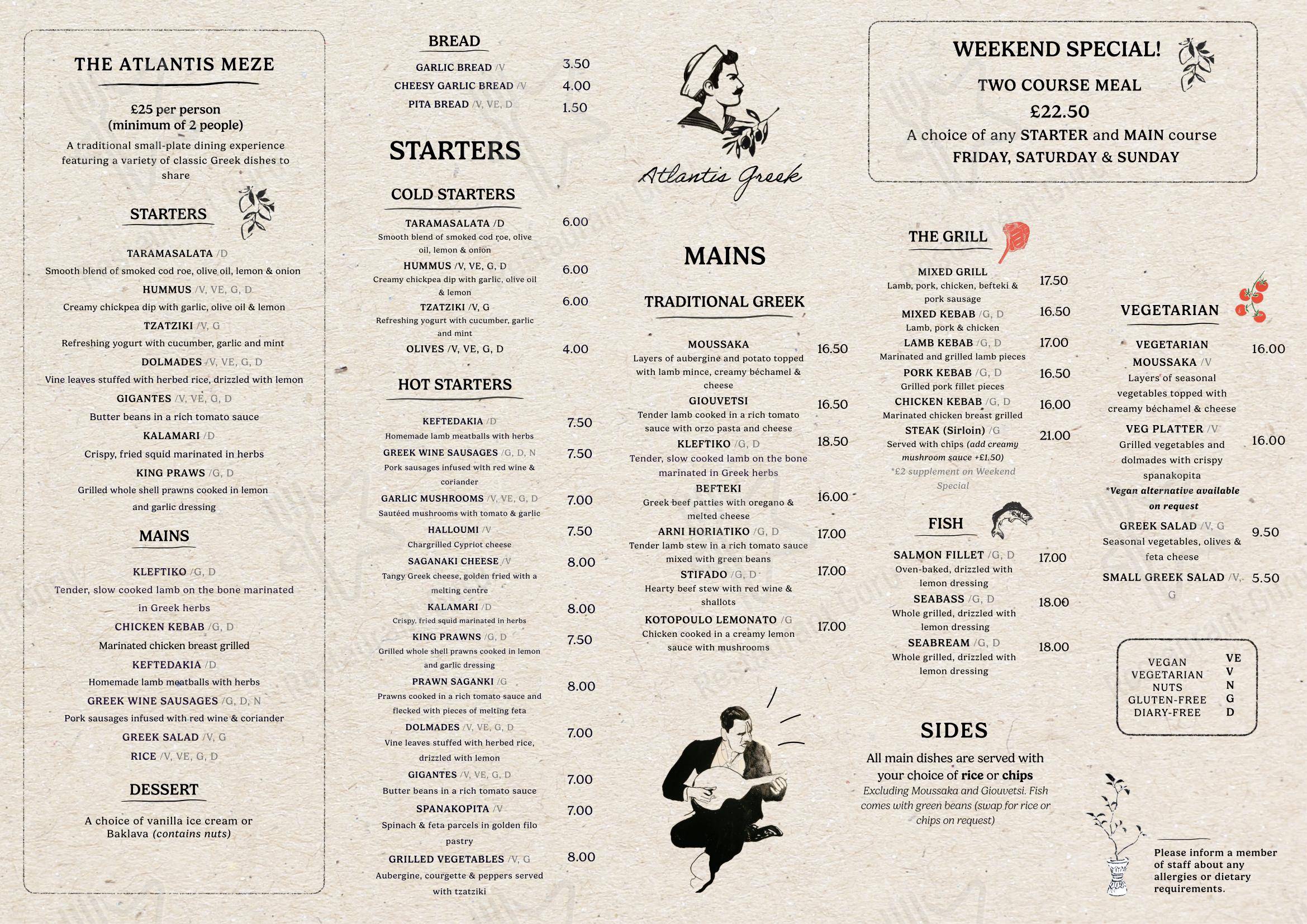 Atlantis Greek Restaurant в Лондоне - Меню