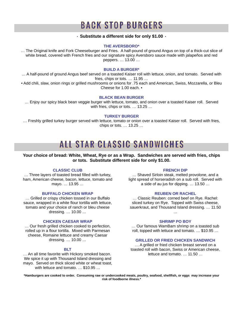 Aversboro Restaurant & Sports Bar меню