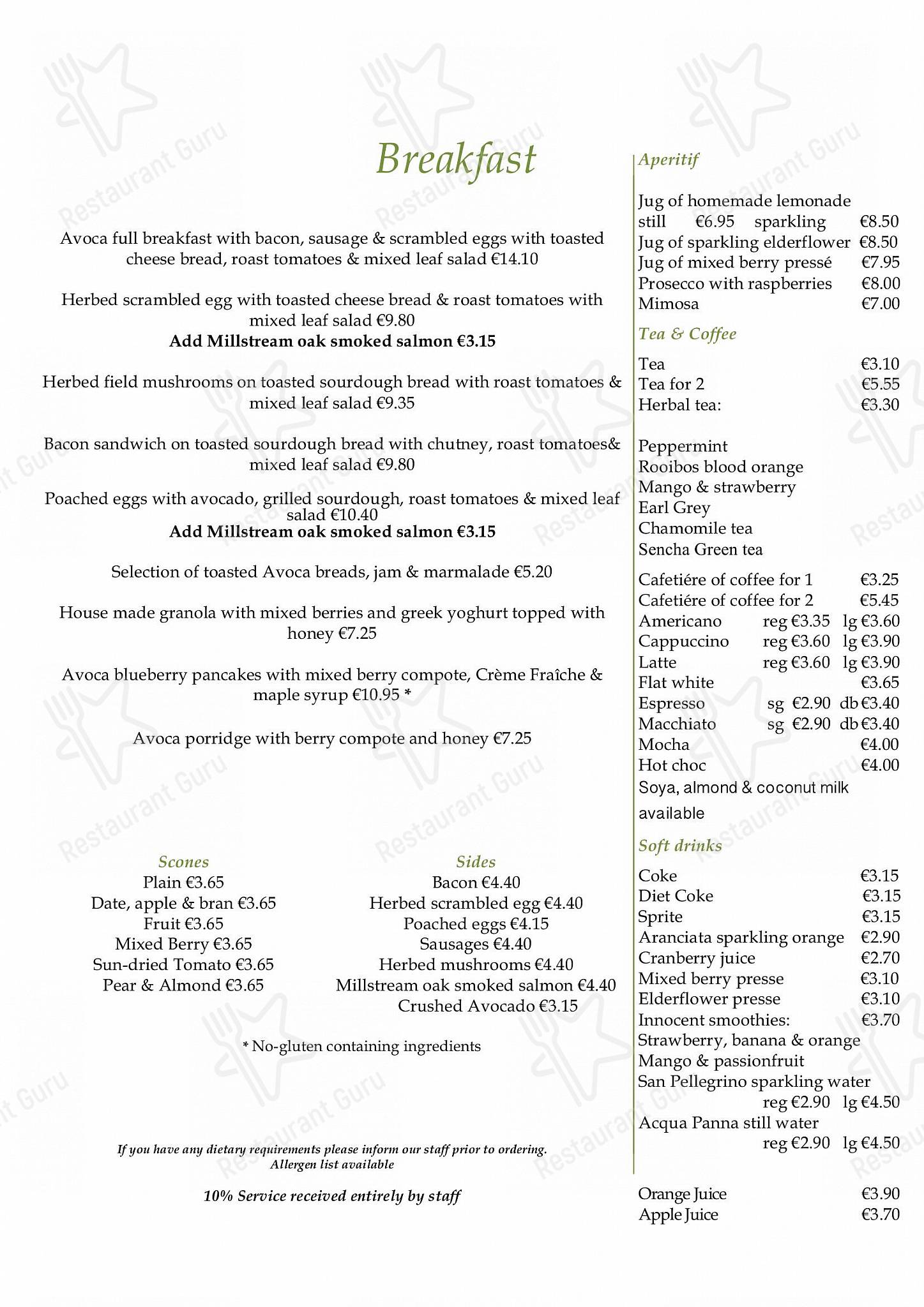 Меню напитков кафе Avoca Rathcoole в Раткуле
